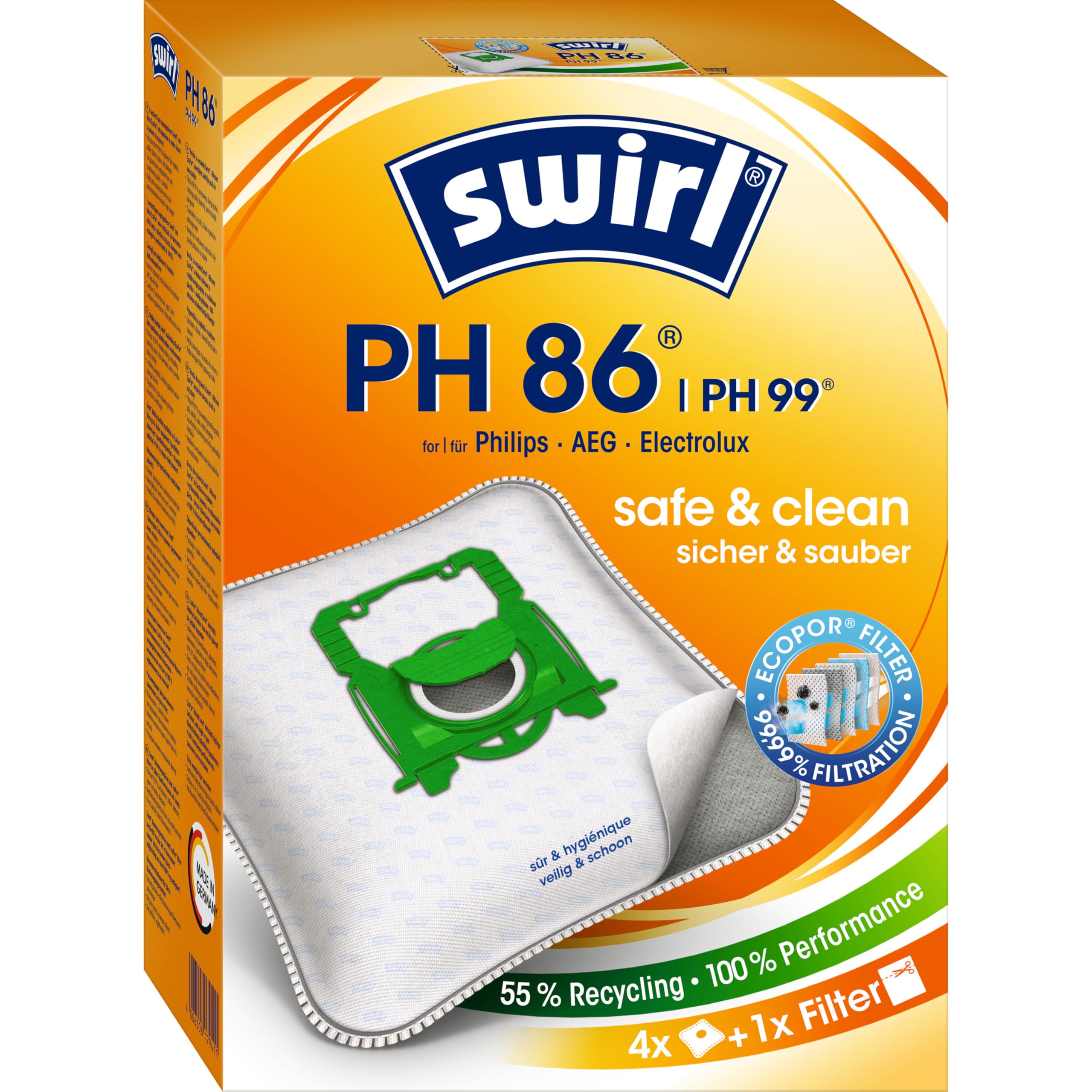 Swirl PH 86 / PH 96 EcoPor Vacuum Cleaner Bags for AEG, Dirt Devil, Electrolux, Philips, 4 Bags