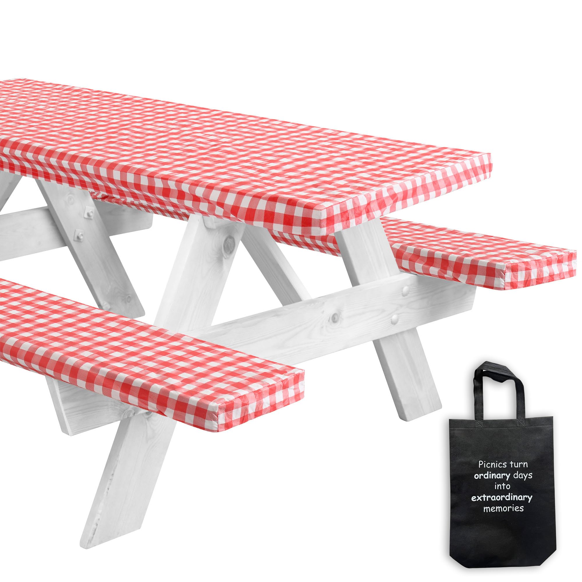 LINPRO 6ft Picnic Table Cover with Bench Covers Vinyl Fitted Picnic Table Covers with Elastic Camping Essentials and picnic tablecloth and RV