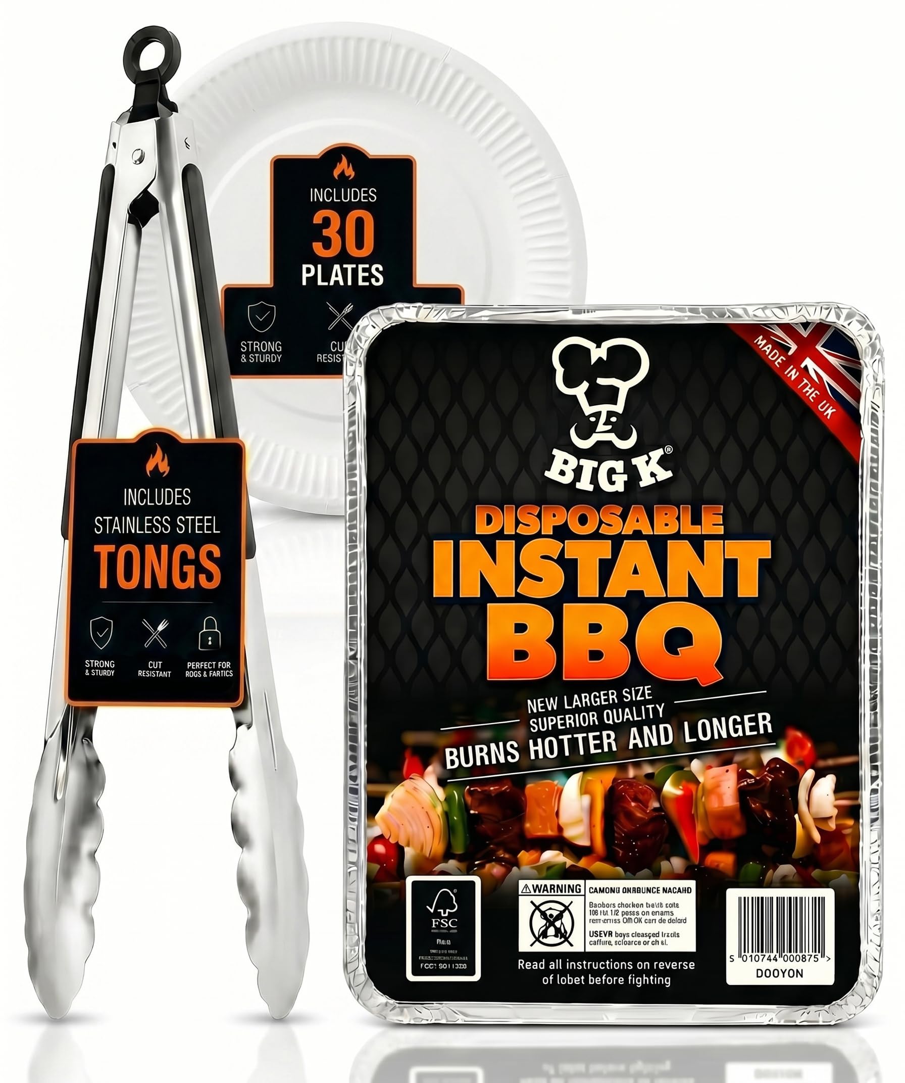 Disposable BBQ Tray with Tongs & Plates – Instant Portable Charcoal Barbecue Grill, Ready-to-Use Single Use BBQ for Camping, Picnics, Beach, Garden & Outdoor Cooking