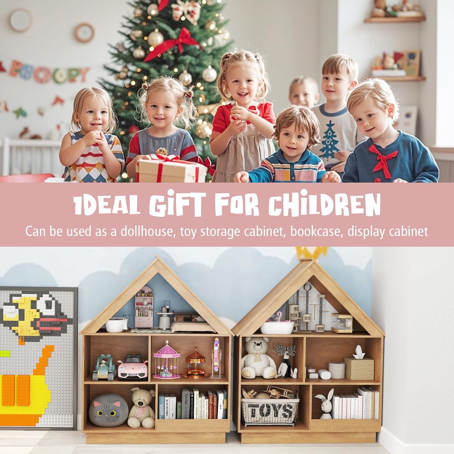 Costzon Kids Dollhouse Bookshelf, 3-Tier Wooden Open Bookcase for Toys and Books, Baby Bookshelf and Toy Storage Organizer, Book Shelf for Kids Rooms, Playroom, Nursery, Classroom (Natural)