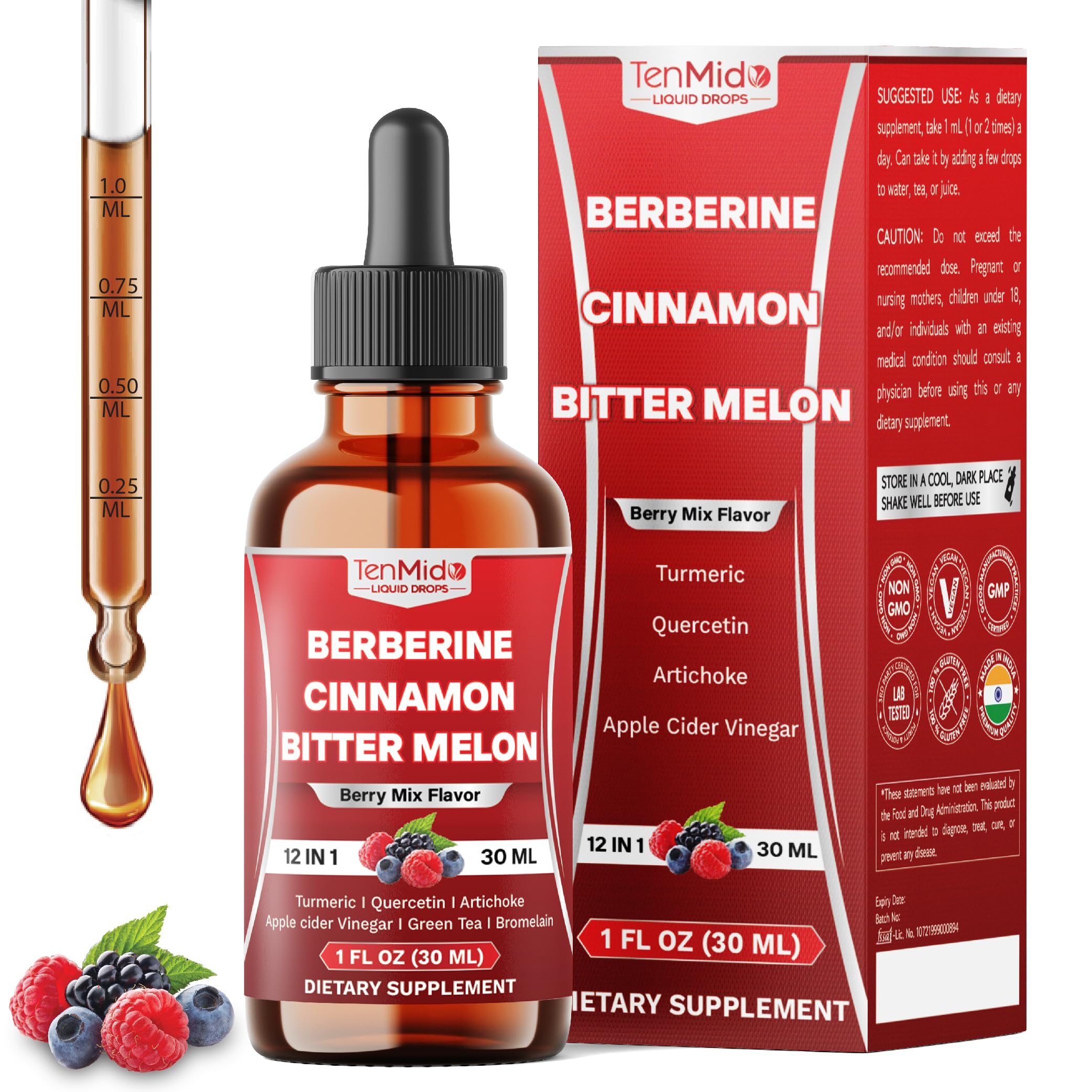 12in1 Berberine Supplement - Berberine Liquid Drops with Ceylon Cinnamon, Bitter Melon, Turmeric, Quercetin, Artichoke, Apple Cider Vinegar, Green Tea & More - 30 Days Supply - 1FL Oz