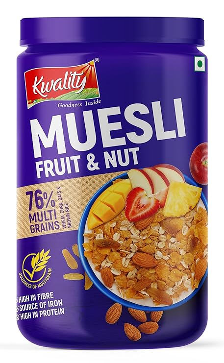 Kwality Muesli Fruit N Nut, Multigrain, Wheat, Corn, Oats, Brown Rice, High in Fibre, Iron and Protein 1Kg at Rs. 299