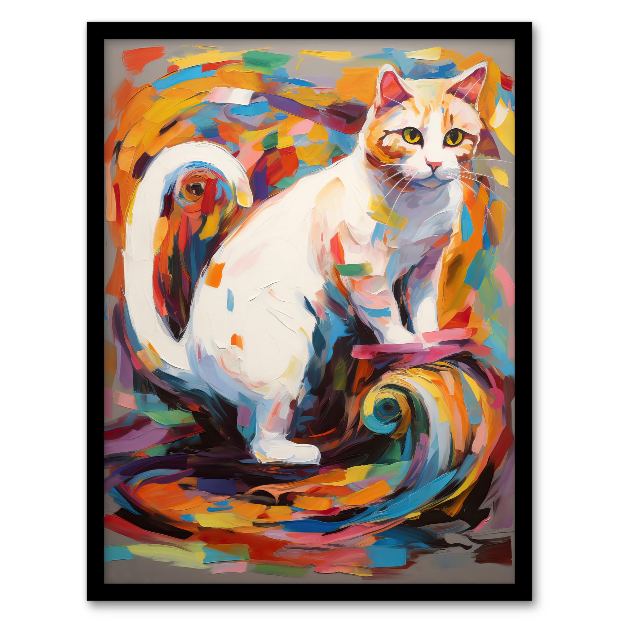 Artery8 Armchair Cat Portrait Painting Colourful White Artwork Framed Wall Art Print 18X24 Inch