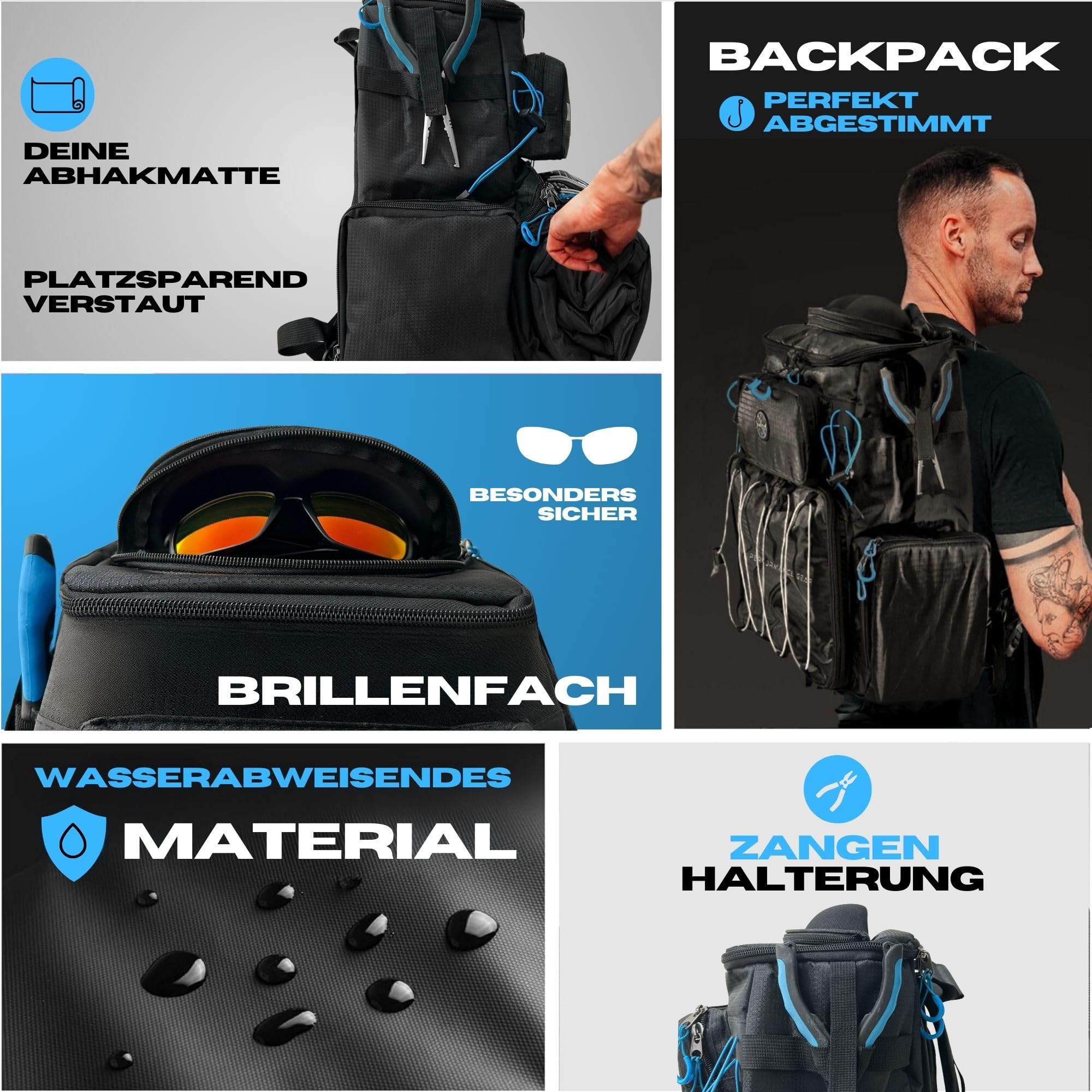 Pro Tackle STRIKE Bagpack – Robuster Angler Rucksack aus 420D Oxford Nylon, 2 Hauptfächer, Fronttasche, Seitentaschen, Brillencase, für Outdoor & Angeln – Schwarz