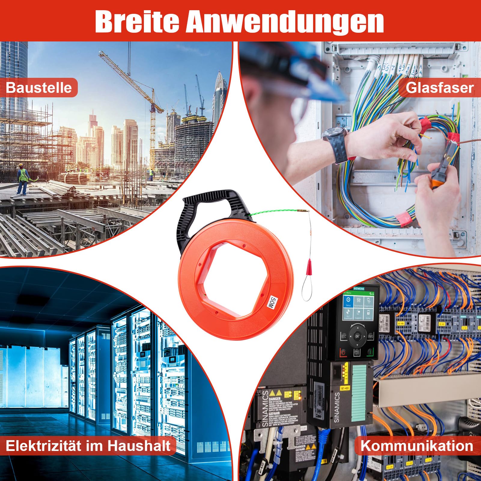 Kabeleinziehhilfe 4,5mm 50m, Einziehspirale 50m, Einziehhilfe für Kabel mit 7 FüHrungsfedern, Kabelziehhilfe mit Kunststoffgehäuse für Elektroarbeiten Telekommunikation Datenverkabelun