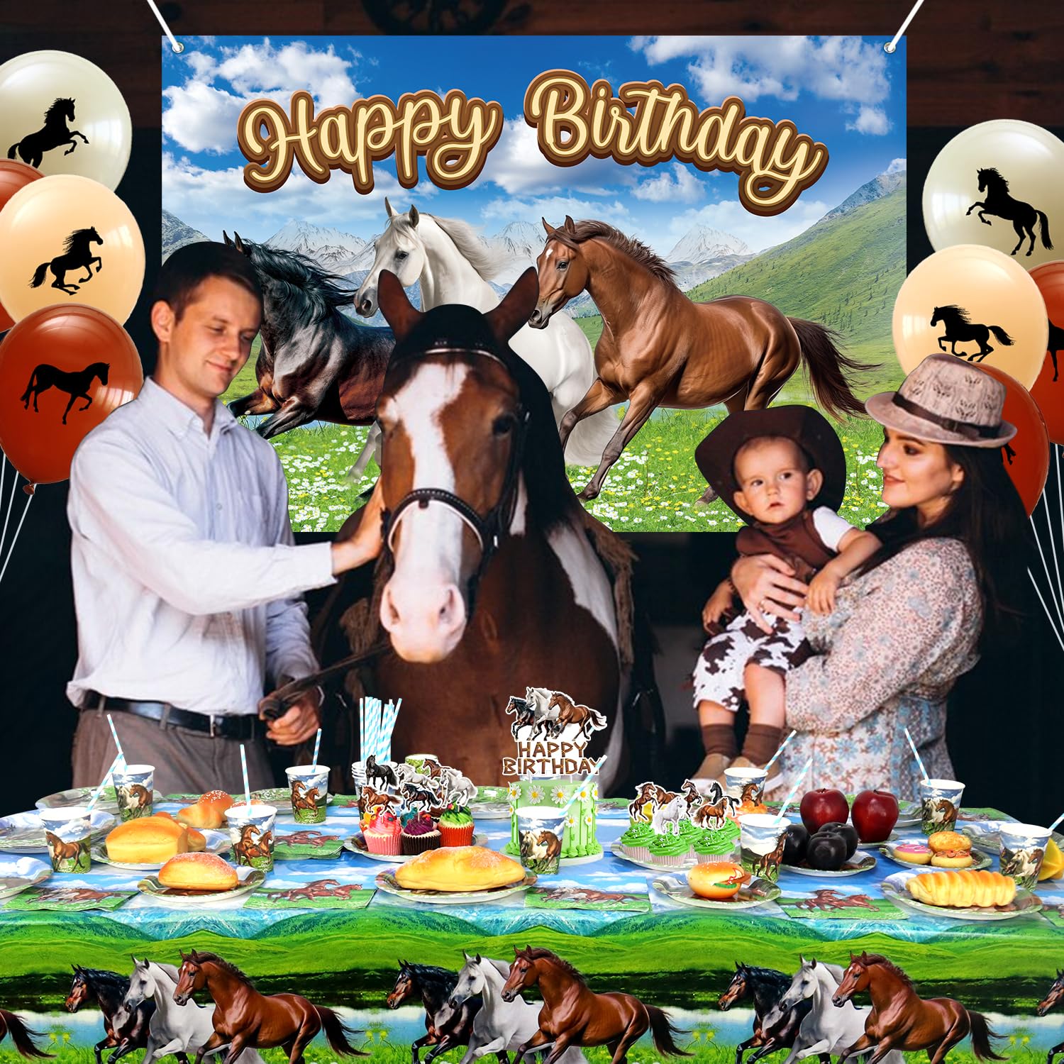 Décoration de Fête d'Anniversaire Cheval et Cowboy - Assiettes, Tasses, Serviettes, Nappe, Toile de Fond 'Happy Birthday', Ballons pour Gâteau