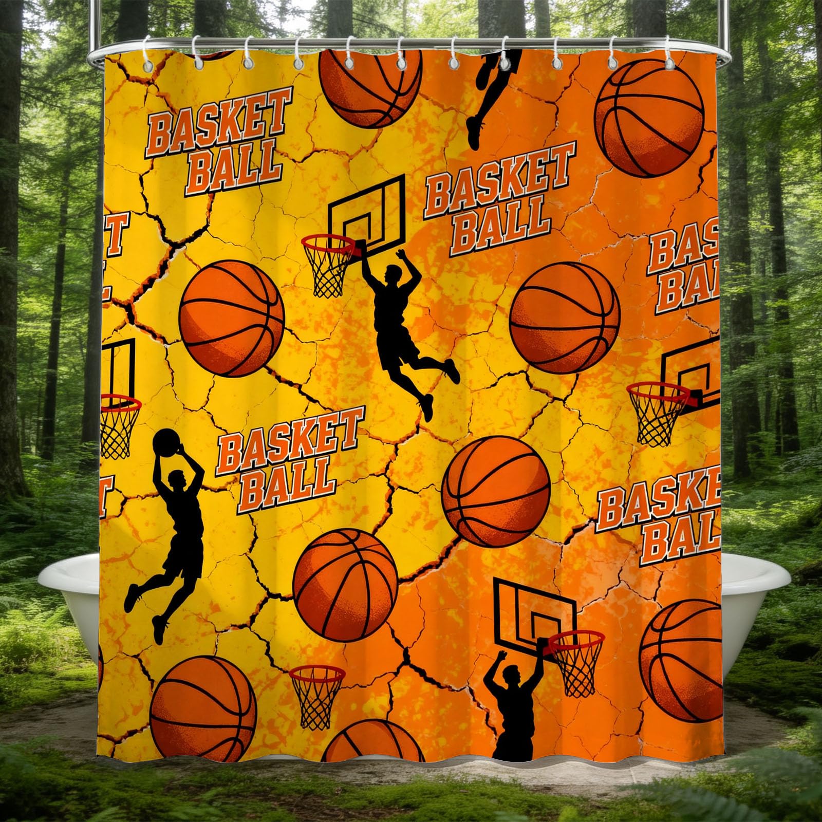 Hongduo 3D Cartoon Basketball Shower Curtain for Stalls Bathtubs Orange Bathroom Decor Shower Curtain Set Polyester Fabric Waterproof 180x200cm/71X79 Inch with Hooks