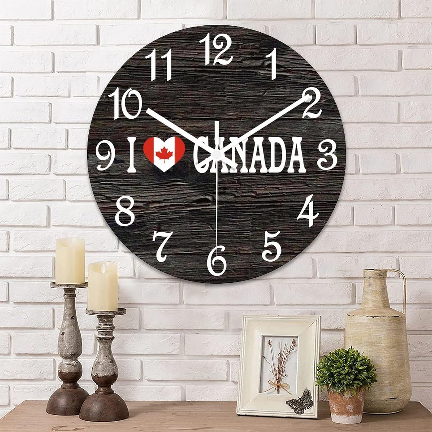 I Love Canada Round Wooden Clock for Wall Decor Flag of Canada Farmhouse Wall Clock 15 Inch Silent Non-Ticking Wood Clock for Office Classroom Wall Art