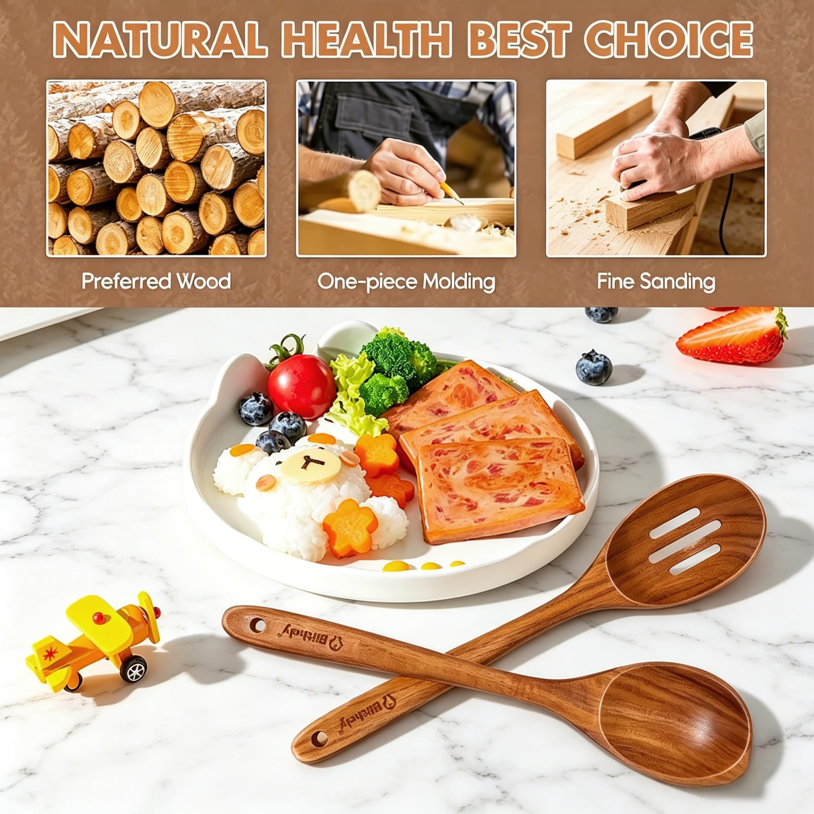 Holzlöffel zum Kochen, Ecklöffel und Schlitzlöffel, antihaftbeschichtet, glattes Holz-Kochlöffel-Set, hitzebeständige Holz-Kochutensilien zum Kochen, Servieren und Mischen, 2 Stück