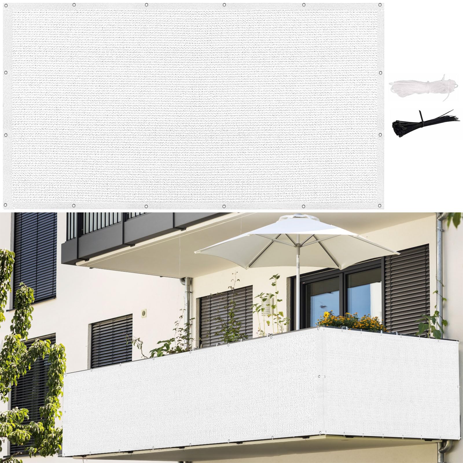 Brise vue oeillets blanc pour supprimer le vis-à-vis du balcon