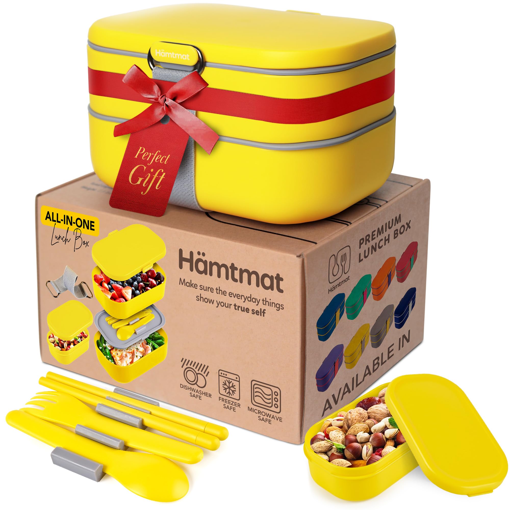 HÄMTMAT Adult Bento Box Lunch Container with Compartments for Work & Meal Prep, Set of Utensil & Chopsticks, Microwave & Dishwasher Safe, Leakproof Reusable Japanese Food Storage