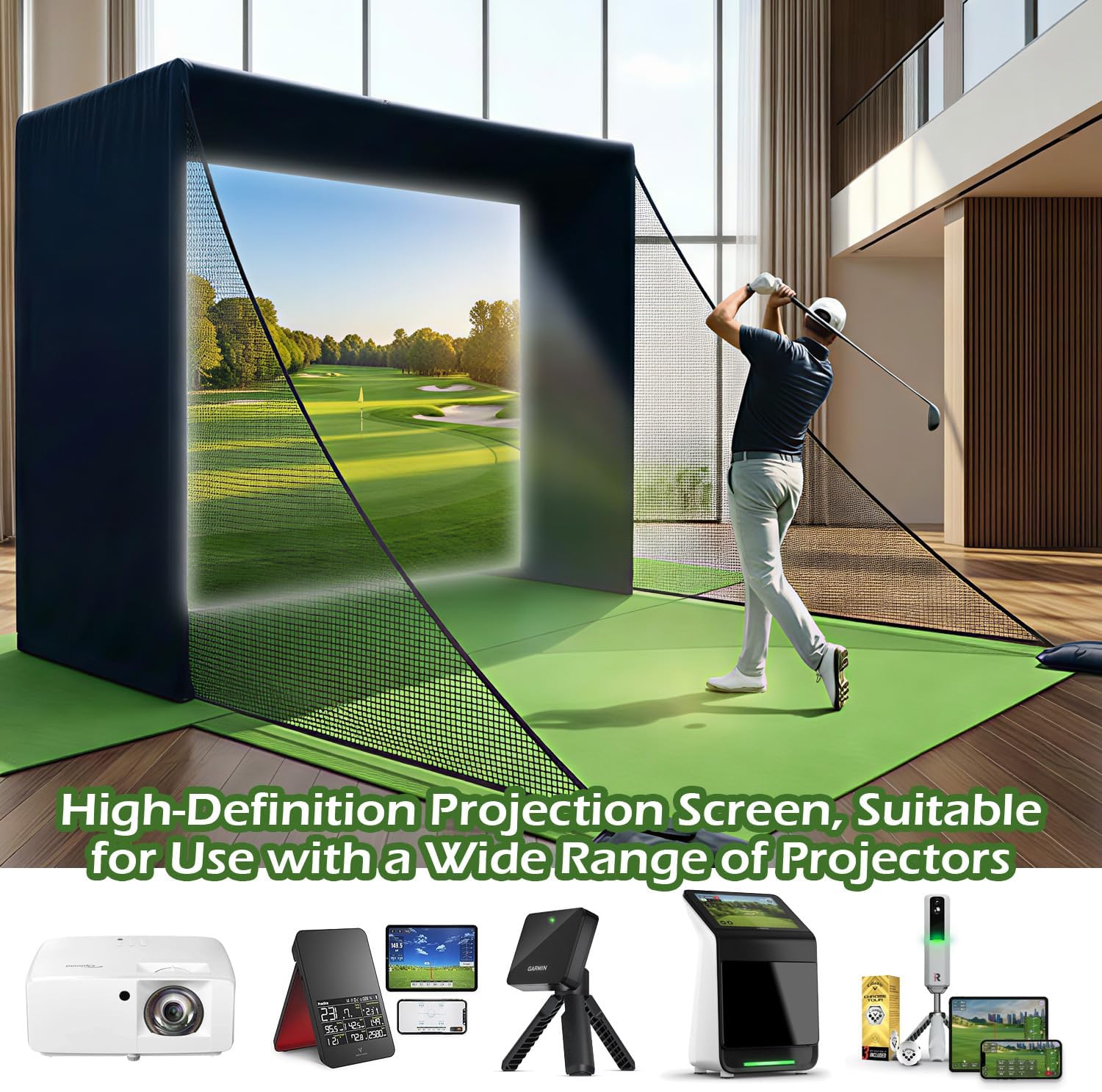 10x8x6 ft Golf Simulator Enclosure Net with HD Impact Screen & Frame Kit | Indoor Home Golf Training Cage Simulator Accessories | Gift for Golfers Men Women