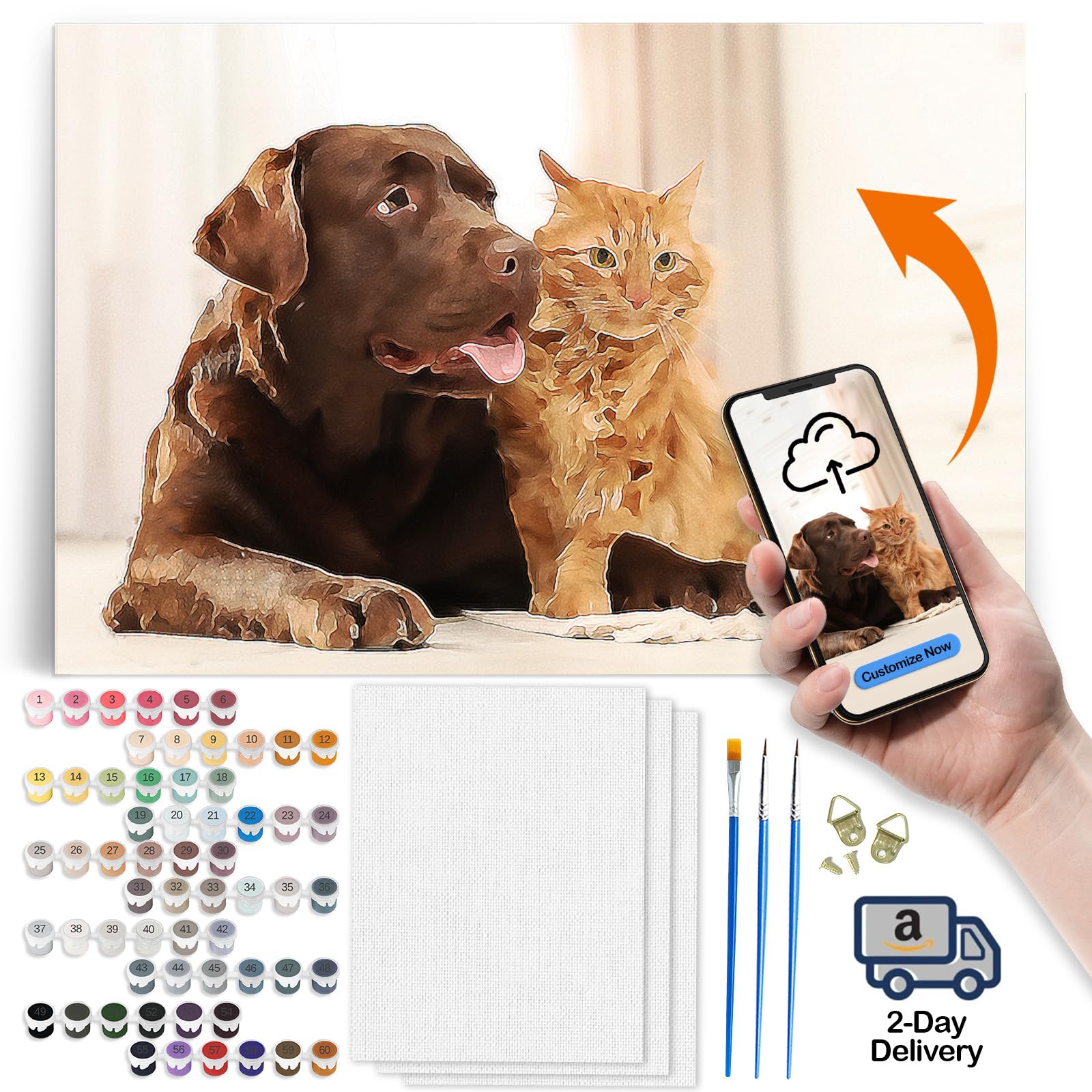 Custom Paint by Number Kit, Personalize Paint Your Photo by Numbers, DIY Printable Canvas Paintable Pictures for Adults Beginner, Customized Painting by Numbers Set -3 Canvas & 60 Colors Paints