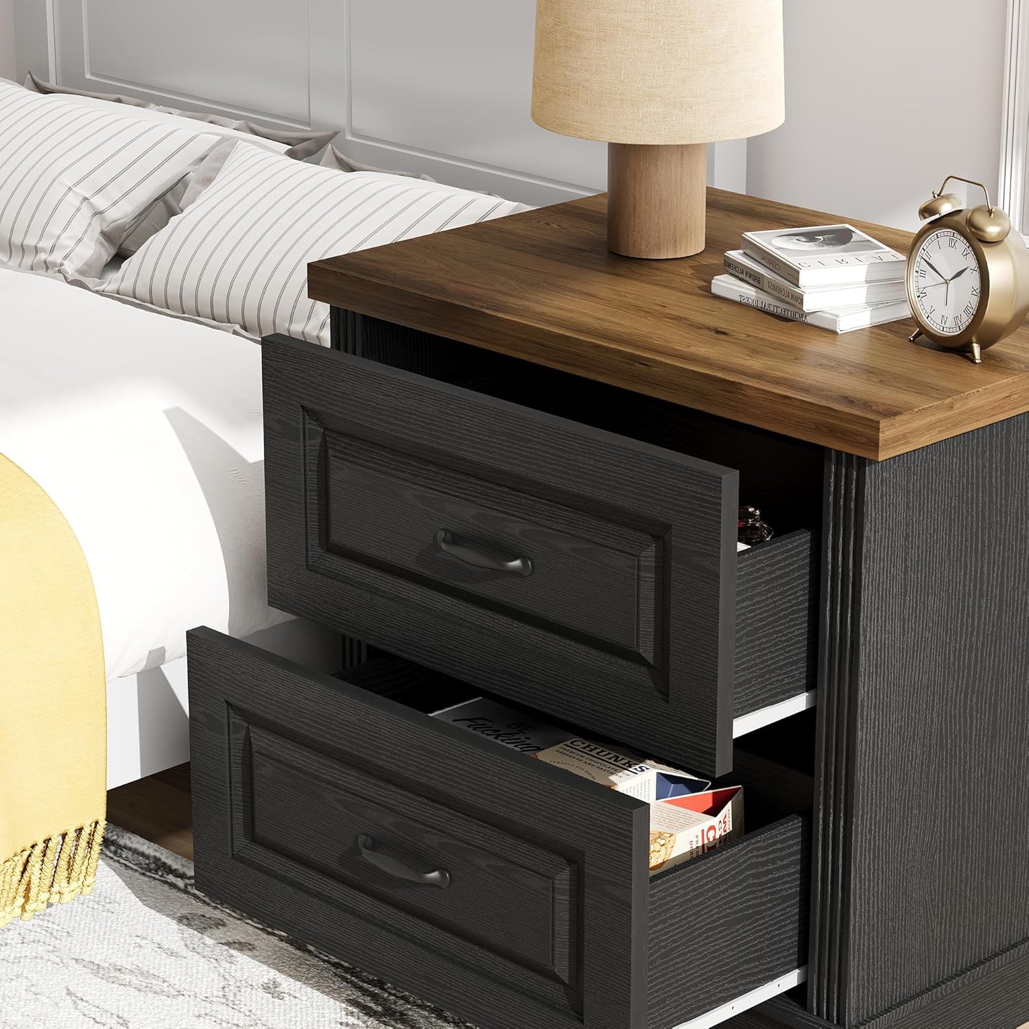 Catrimown 24" Wide Farmhouse Nightstand, Large End Table with 2 Drawers, Side Table Chest of Drawers Cabinet, Night Stand for Bedroom, Living Room, Black