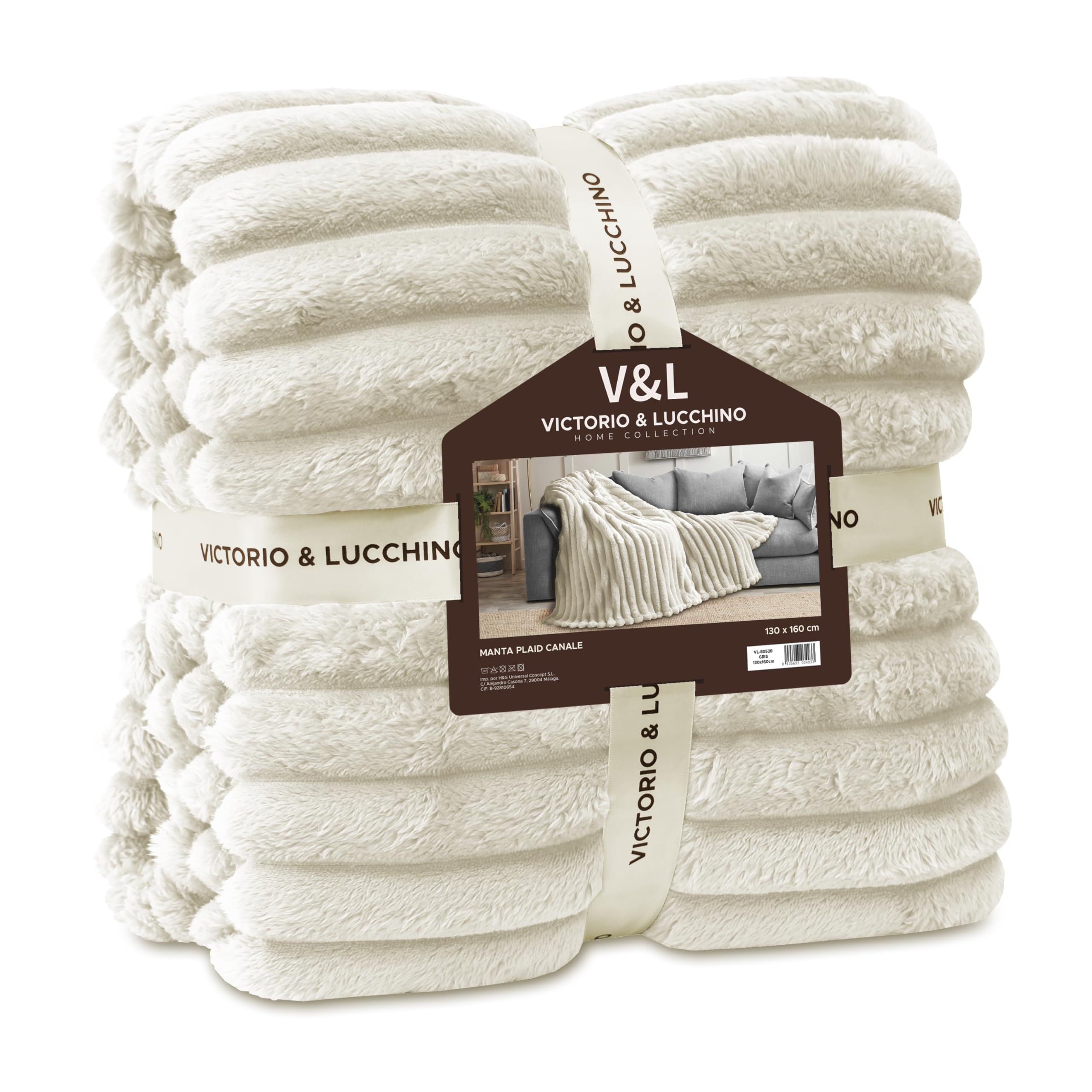 Victorio & Lucchino V&L Manta Canale Extra-Suave 450g para Sofá o para Cama. Cálida con Reverso sin Borrego. Transpirable para Invierno (80528-CRUDO, 130X160cm)