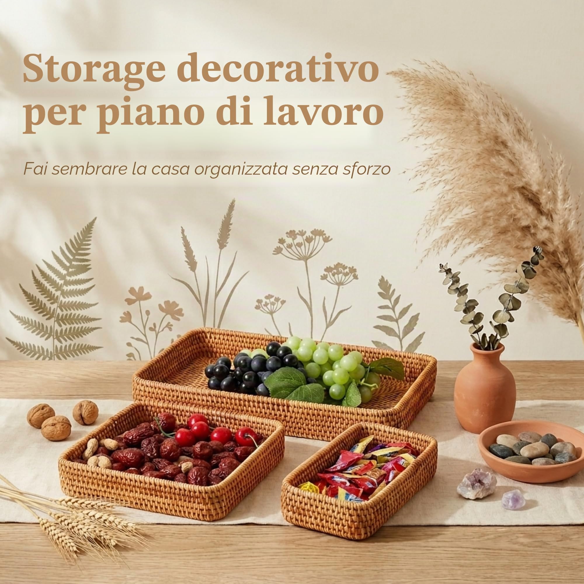 Vassoio da Portata in Rattan, Vassoio Rettangolare Intrecciato, Vassoio Cestino in Vimini Naturale per Organizzare il Bancone Della Cucina da Tavolo, Set di 3