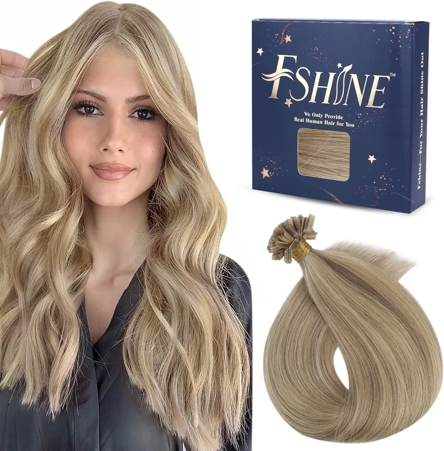 Fshine Keratin Bonding Hair Extensions Real Human Hair Dark Ash Blonde with Golden Blonde Remy Straight Pre Bonded Fusion Extensions 22Inch 50g/50s