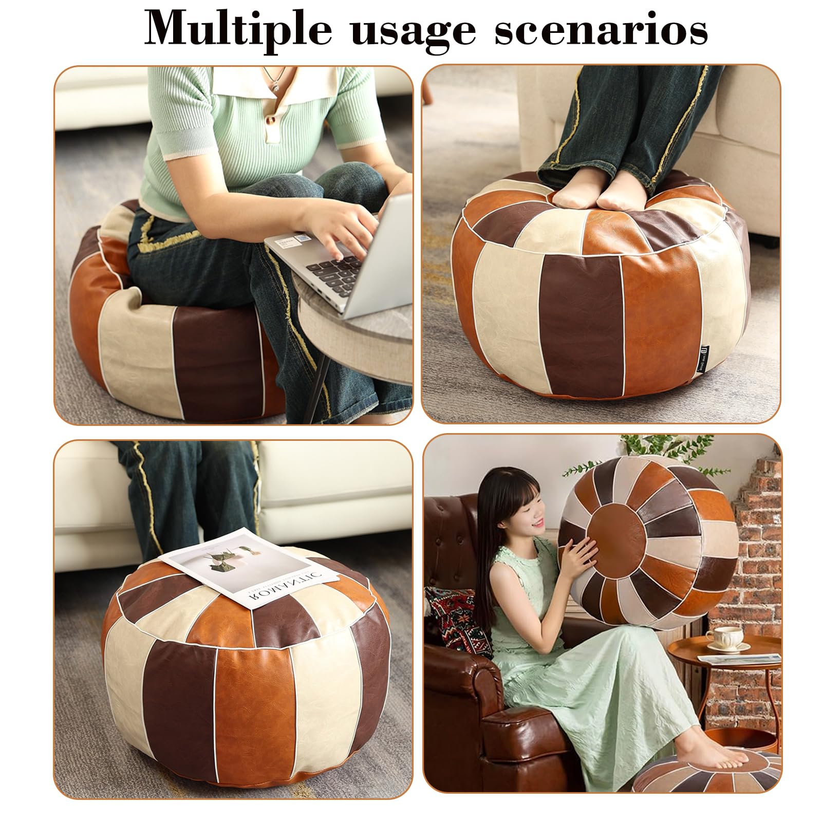 Louis Donné Funda otomana sin relleno, taburete de piel sintética para reposapiés, otomano estilo marroquí, 21 pulgadas, redondo, hecho a mano, para almacenamiento, reposapiés para sala de estar