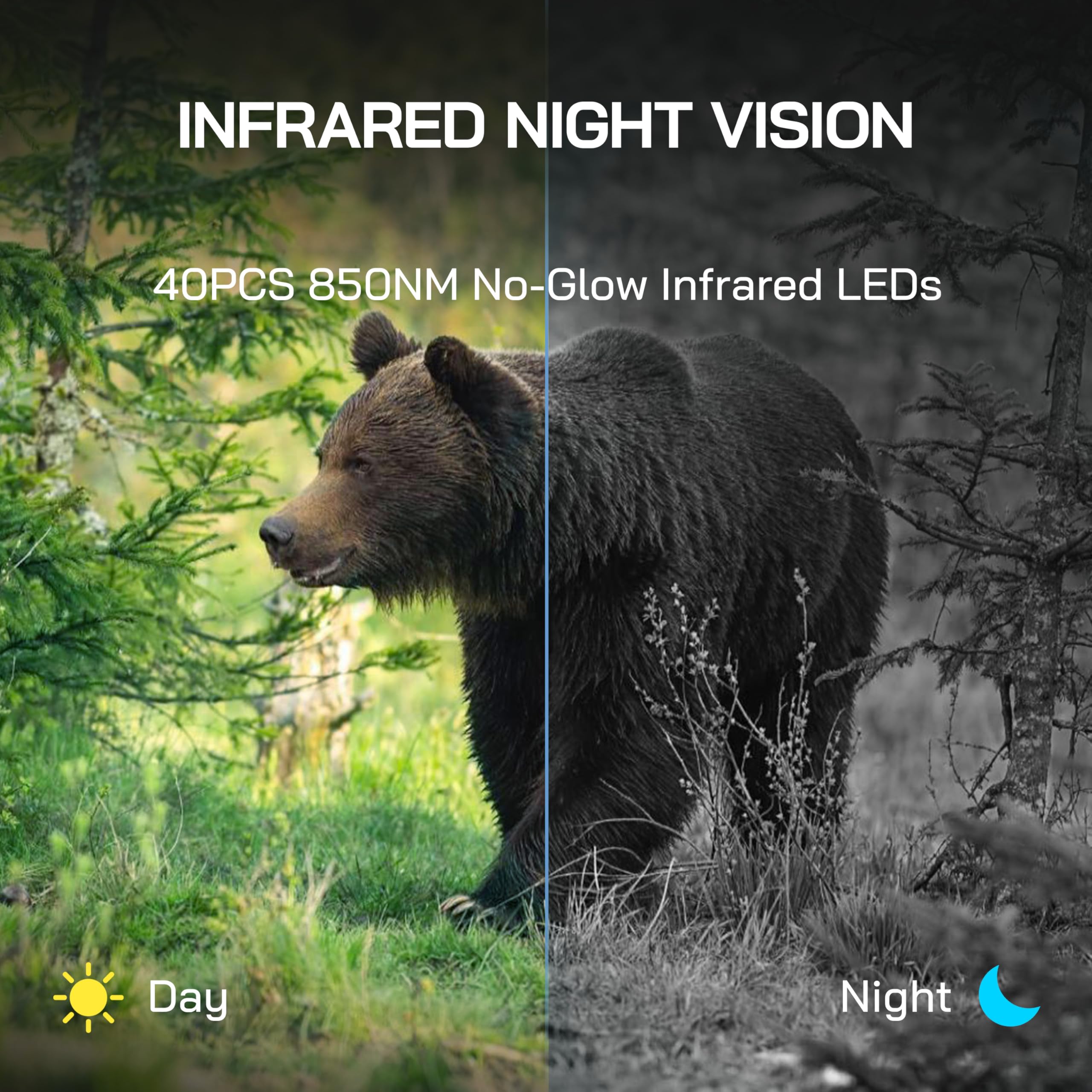 WOLFANG Kamera przyrodnicza 64 MP 4K HD, kamera szlakowa WiFi Bluetooth, kamera myśliwska z noktowizorem aktywowanym ruchem, wodoodporność IP66, czas wyzwalania 0,1 s do nagrywania dzikiej przyrody