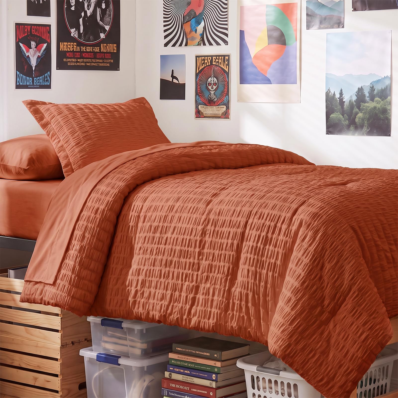 CozyLux Twin XL Comforter Set 5 Pieces Burnt Orange Seersucker Bed in a Bag