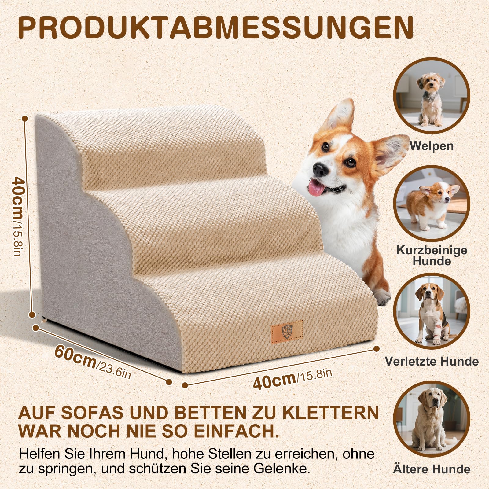 Masthome Hundetreppe für Kleine Hunde,Haustiertreppe 3 Stufen,Hunderampe aus Hochdichtem Schwamm für Bett und Sofa,Katzentreppe mit Waschbar Plüschbezug,40cm Hoch,Beige