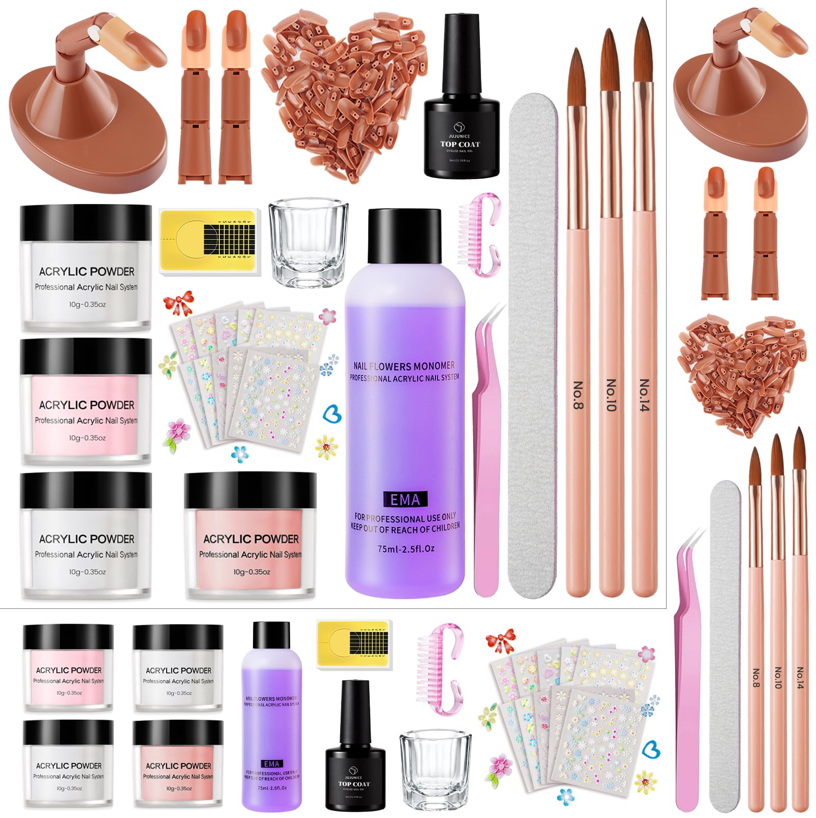 Polvo Acrilico Para Uñas: 4 Colores Acrílico En Polvo Set 2 Dedos Ejercicio Ajustables Con 100 Puntas De Uñas/3 Lápices De Arte De Uñas/Pegatinas Florales/Archivo De Uñas Profesional Kits Completo
