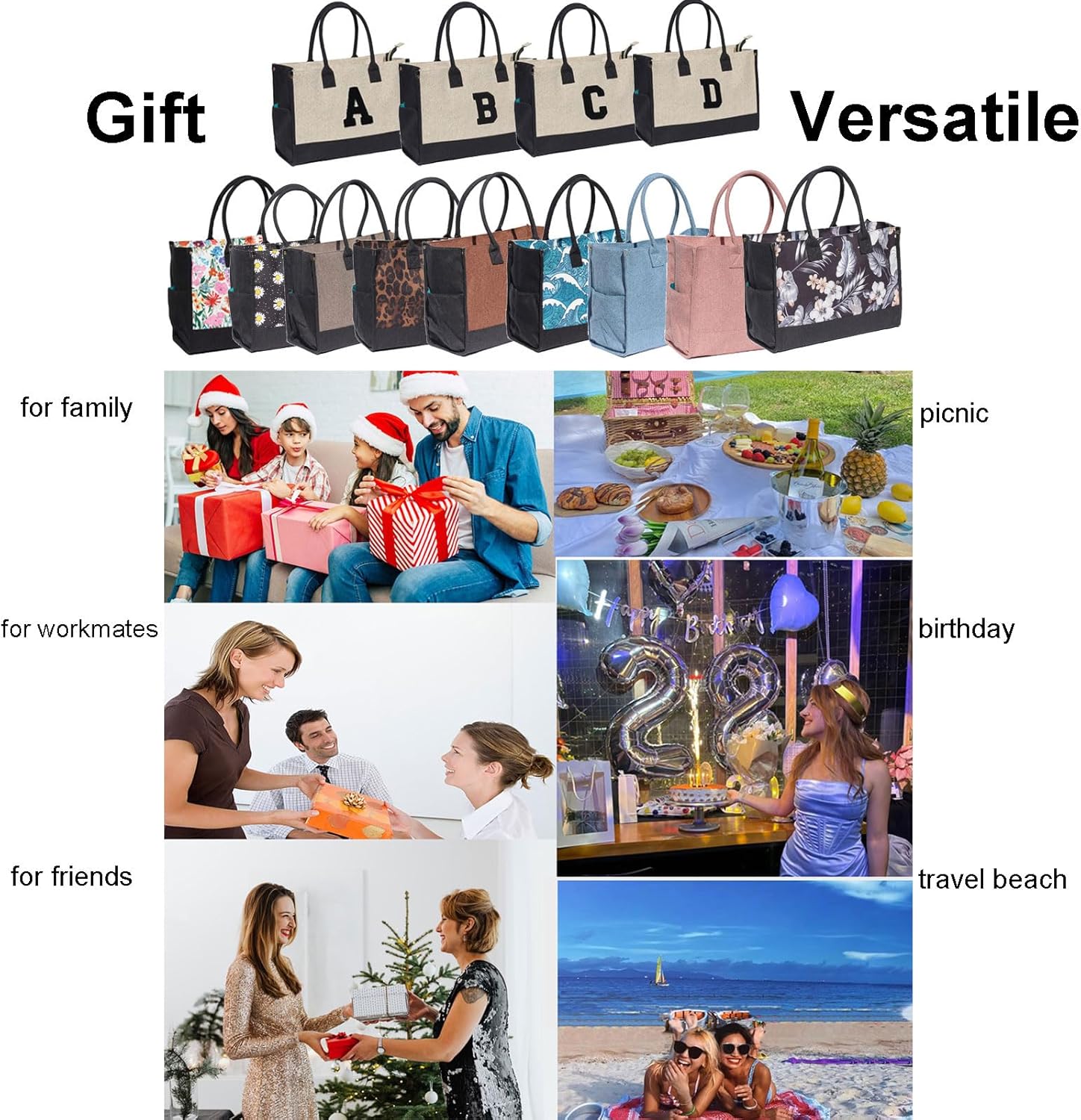 ESVAN Personalized Gifts Canvas Tote Linen Bags Handbags Top Zipper Closure Initial Retro Utility Tote - Image 7