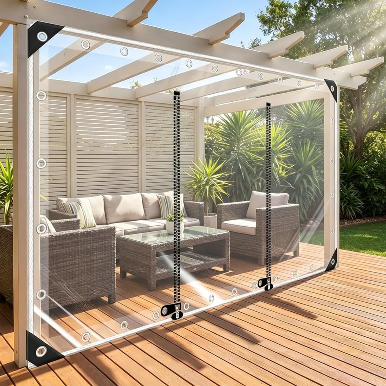 Telo PVC trasparente per esterno 2,5 × 7,5m spessore 0,5 mm con cerniera | Tenda-telo resistente agli agenti atmosferici, con superficie idrorepellente, pannello laterale per pergola, terrazzo