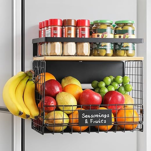 [WIDER SHELF] 1 SET Strong Magnetic Shelf Basket for Fridge with Tag & Bamboo Top, XXL Large Magnetic Spice Rack Shelves for Side of Refrigerator, Kitchen Pantry Storage Organizer for Food Fruit Veg