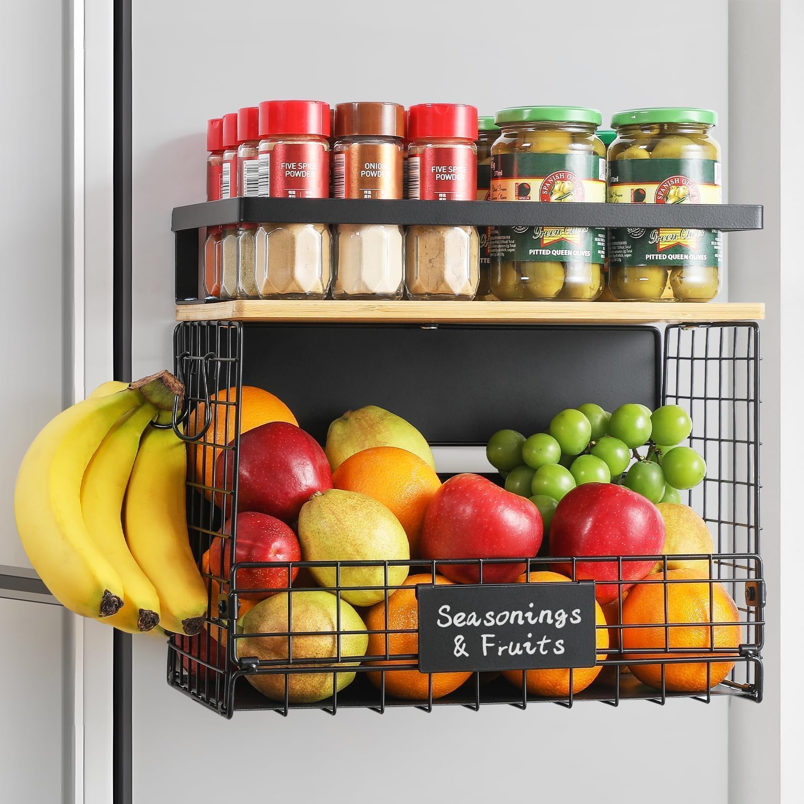 [WIDER SHELF] 1 SET Strong Magnetic Shelf Basket for Fridge with Tag & Bamboo Top, XXL Large Magnetic Spice Rack Shelves for Side of Refrigerator, Kitchen Pantry Storage Organizer for Food Fruit Veg