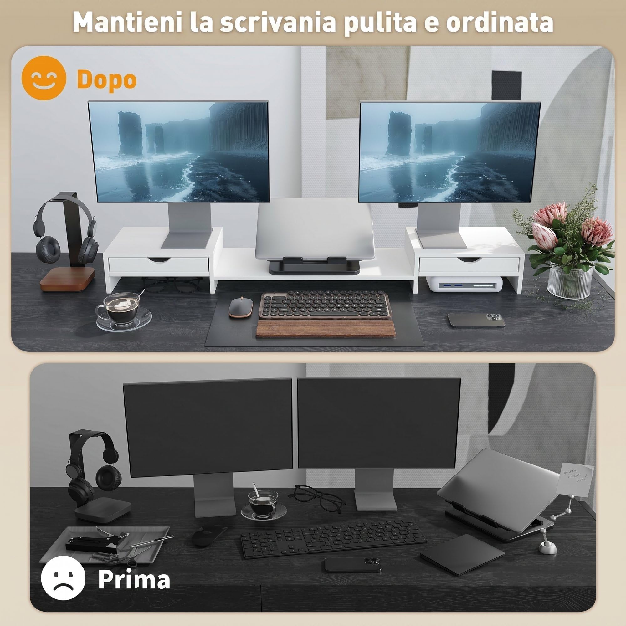 HOMCOM Supporto per Monitor da Scrivania Regolabile 60-116x22x12 cm Bianco