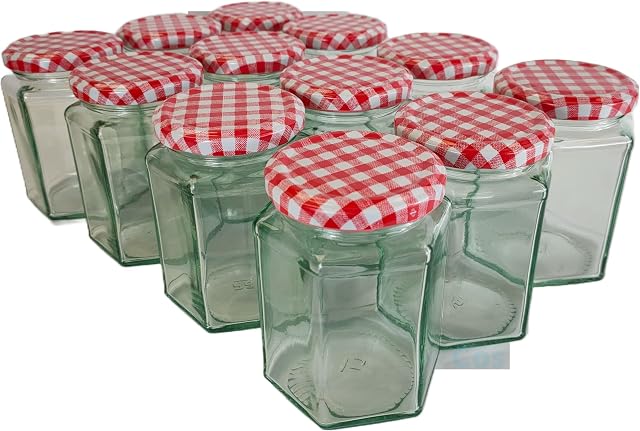 COS Cos 12 X Glass Jam Jars with Red Gingham Lids - 280ml, Clear (JB-280ML)