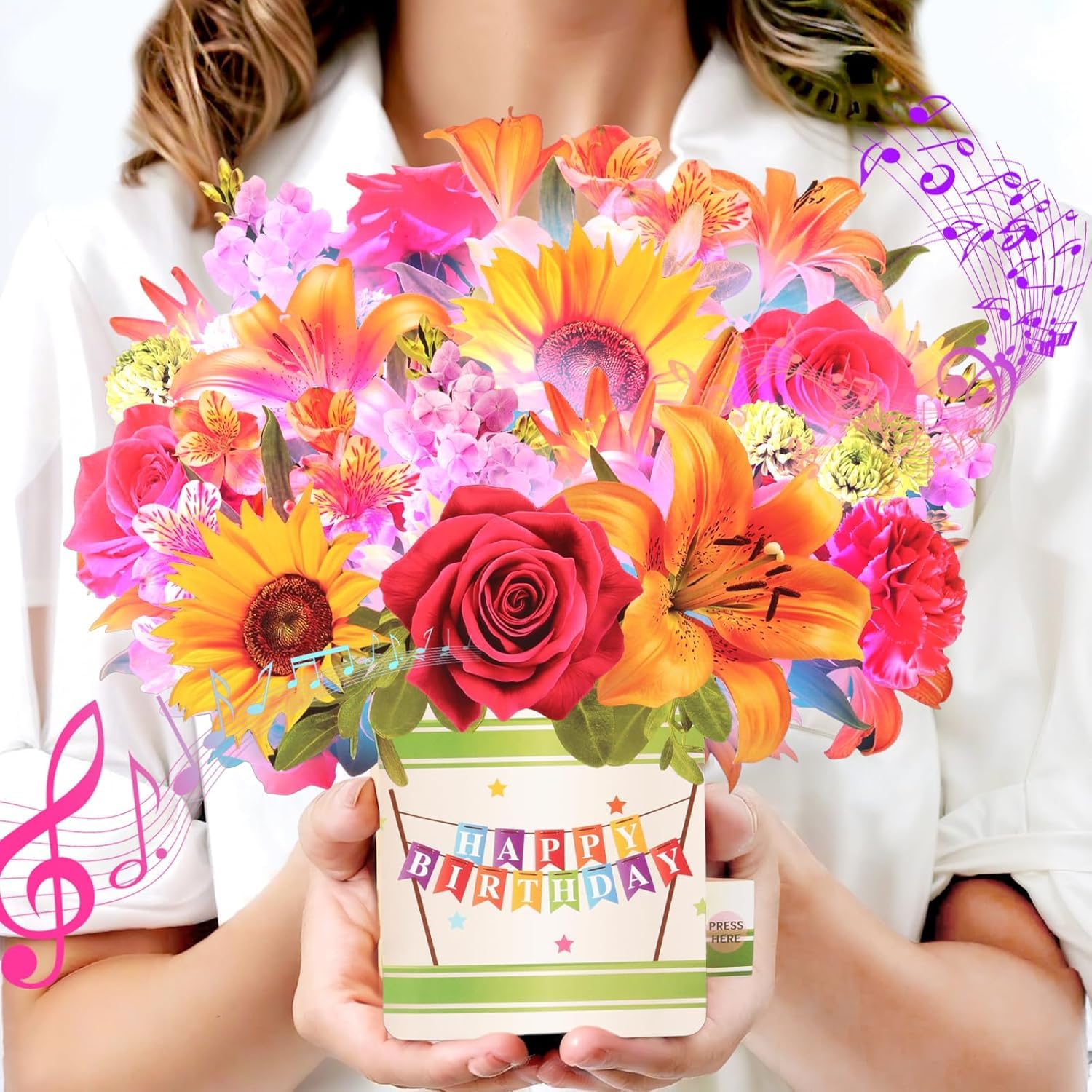 Birthday Cards, Happy Birthday Card with Music and Lights, 10Inch Forever Sunflower Bouquet, 3D Popup Birthday Card for Women Mum Wife Daughter Sister(Blank Notecard & Envelope)