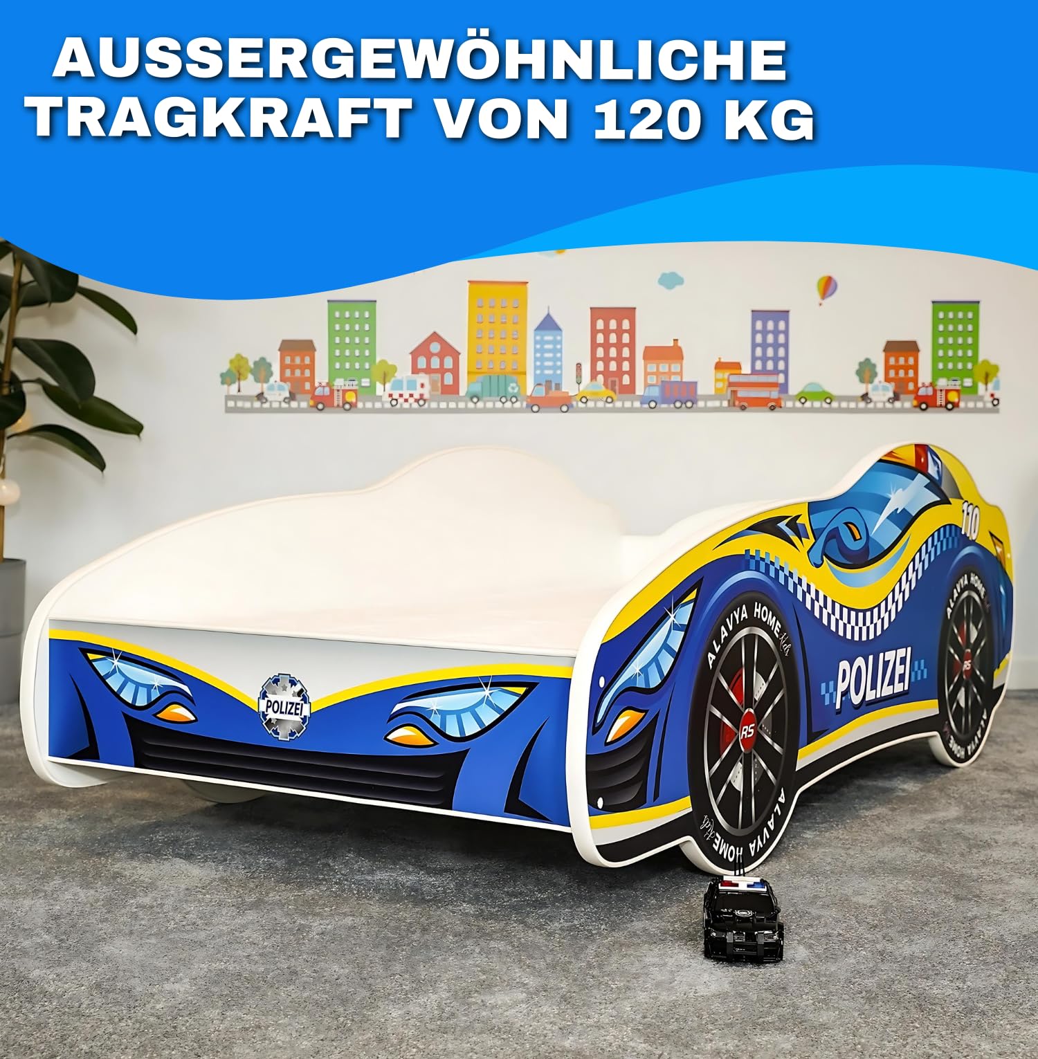 KOBI Autobed voor kinderen, Genadarmerie, 160 x 80 cm, in set met matras en lattenbodem