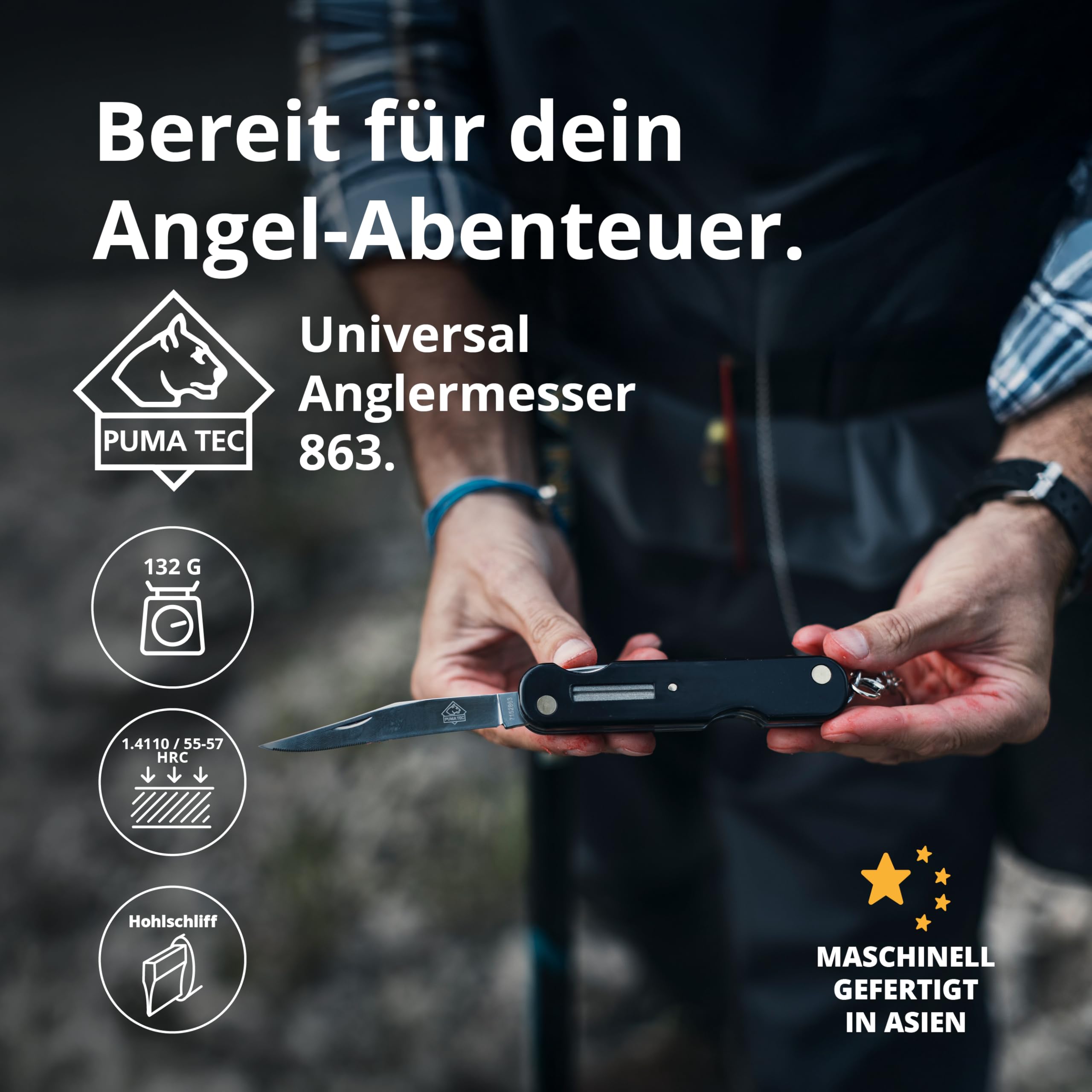 PUMA TEC - Universal Anglermesser 863 – Klappmesser für Angler mit 95 mm Klinge, 2,5 mm stark – Slip-Joint Arretierung – Schuppenschaber mit Hakenlöser & Flaschenöffner – mit Ködernadel & Schleifstein
