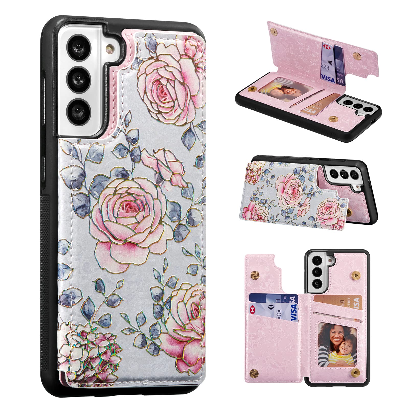 UEEBAI Wallet Case for Samsung Galaxy S23 5G with Card Holders, PU Leather Floral Cover Kickstand RFID Blocking Double Magnetic Clasp Rilievo Flower