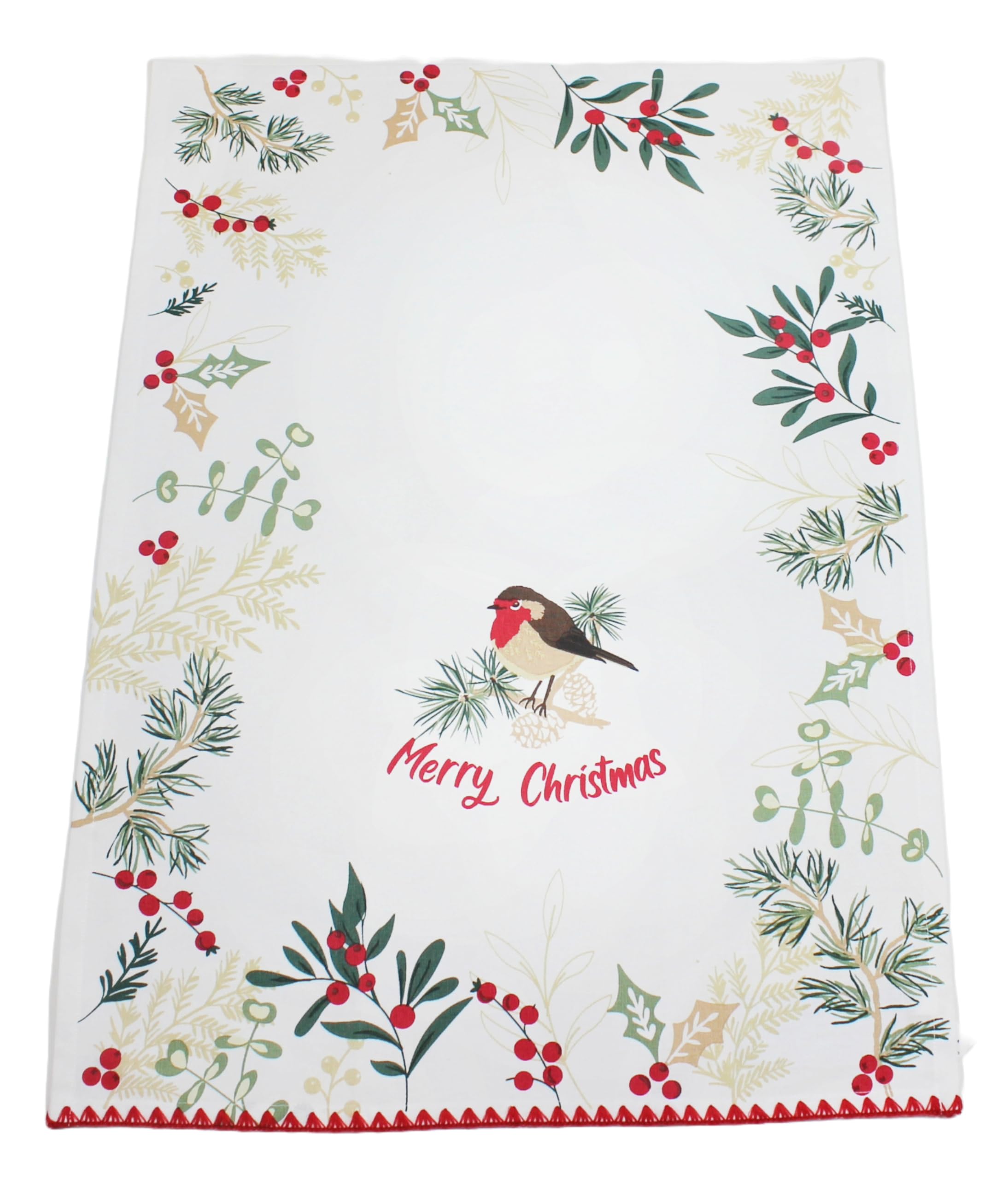 Peggy Wilkins Multicolour Winter Hedgerow Merry Christmas Robin 100% Cotton Tea Towel - 50Cm X 70Cm