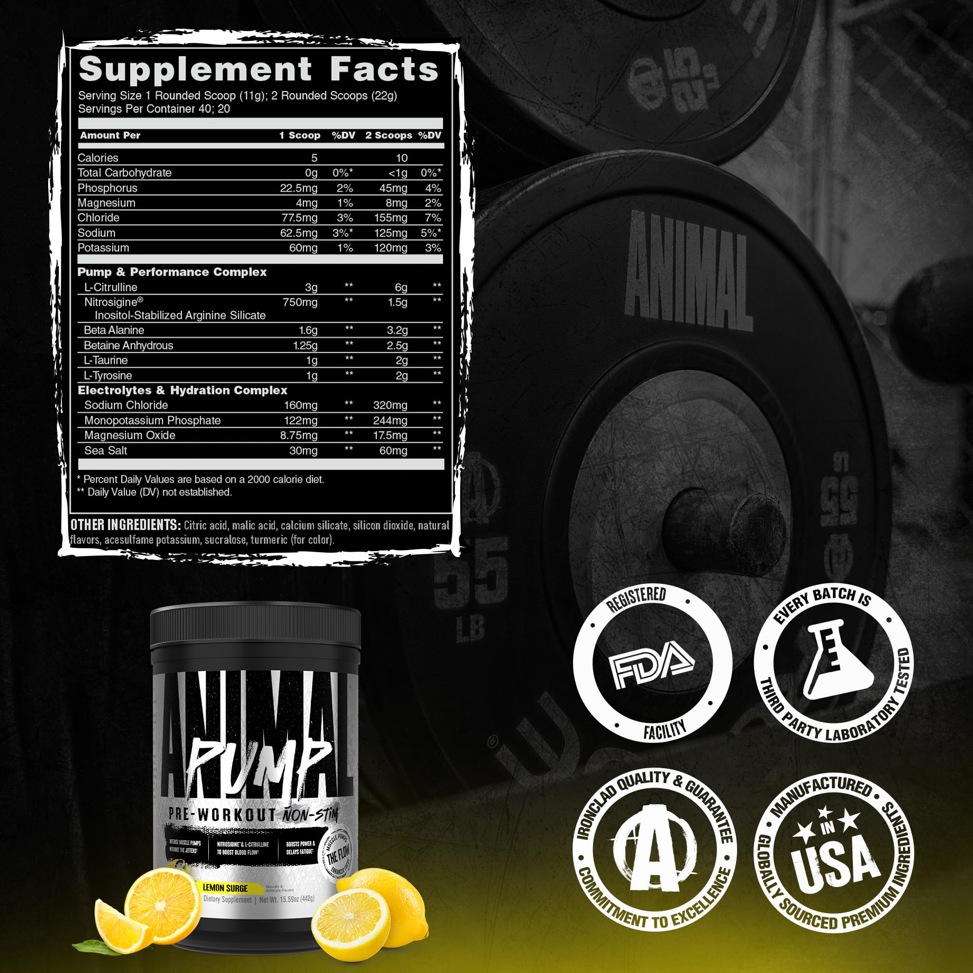 ANIMAL Pump Non-Stim Pre Workout Powder - koffeinfreies Preworkout für Energie, Fokus & Muskelaufbau, Beta Alanin, Citrullin, Nitrosigin und Nootropics, Lemon Surge, 442g