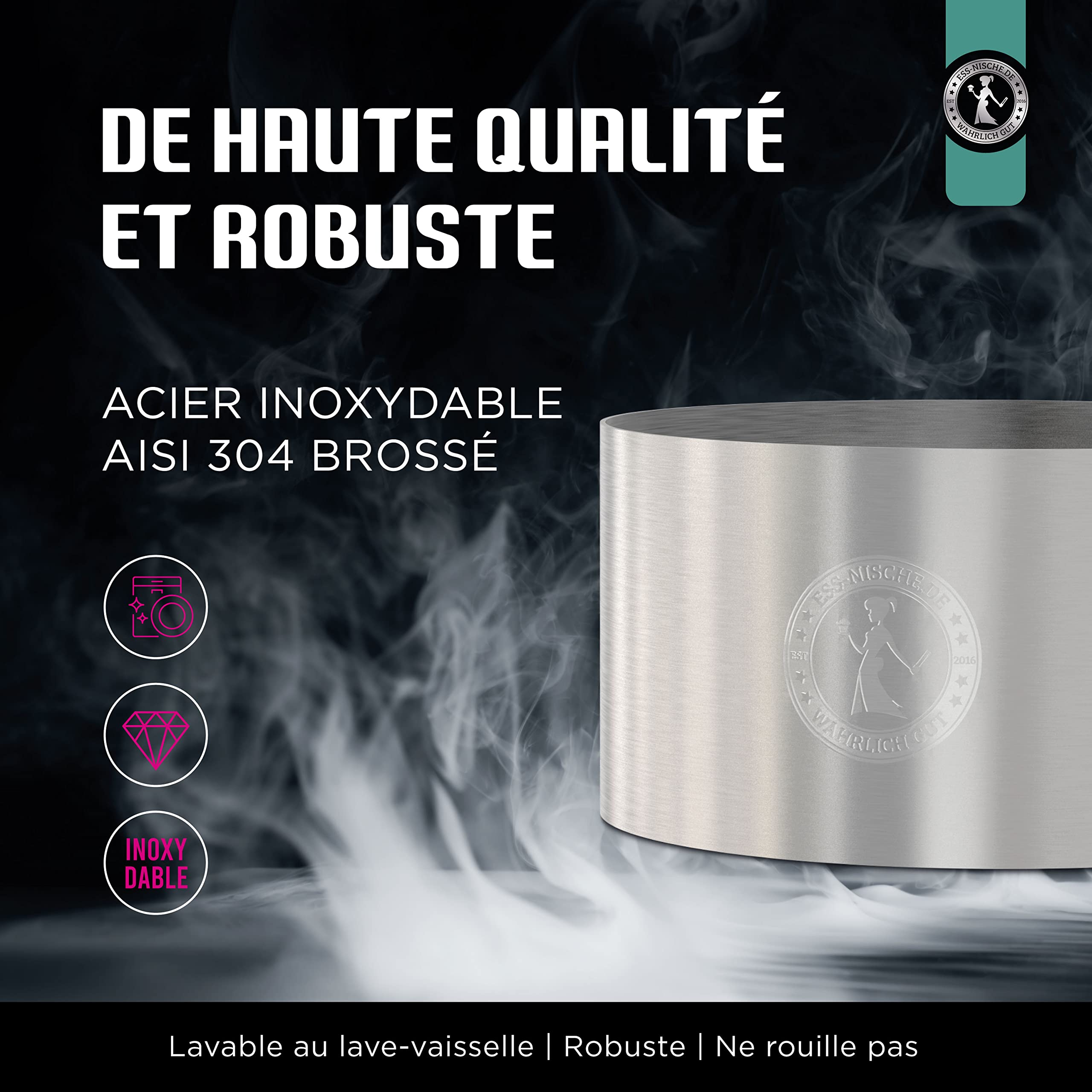 Ess-Nische® 8 cm + 10 cm Anneaux à dessert et à hamburger - accessoire idéal pour le barbecue comme presse à hamburger ou mini moule à gâteau rond - convient également aux petits pains