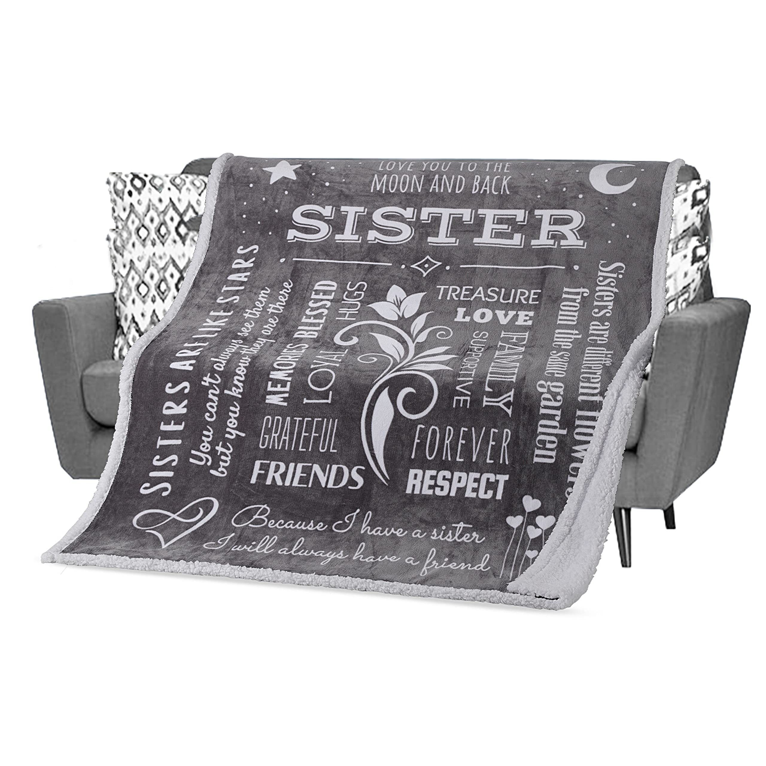 FILO ESTILO Sister Birthday Gifts from Sister, Sister Blankets, Sister Gifts, Say Love You Sister with a Plush Cozy Sister Throw Blanket 60x50 Inches (Grey, Sherpa)