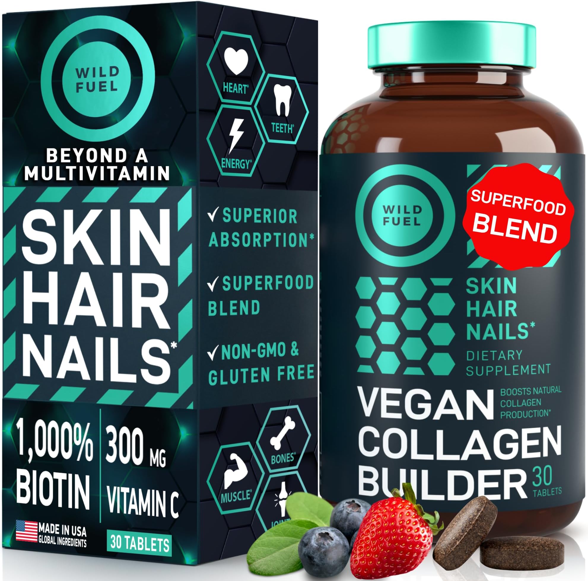 WILD FUEL Vegan Collagen Builder - Biotin, Organic Superfood, Amino Acids Glycine, Lysine, Proline Plant-Based Collagen Booster Supplements - 30 Organic Extract Tablets