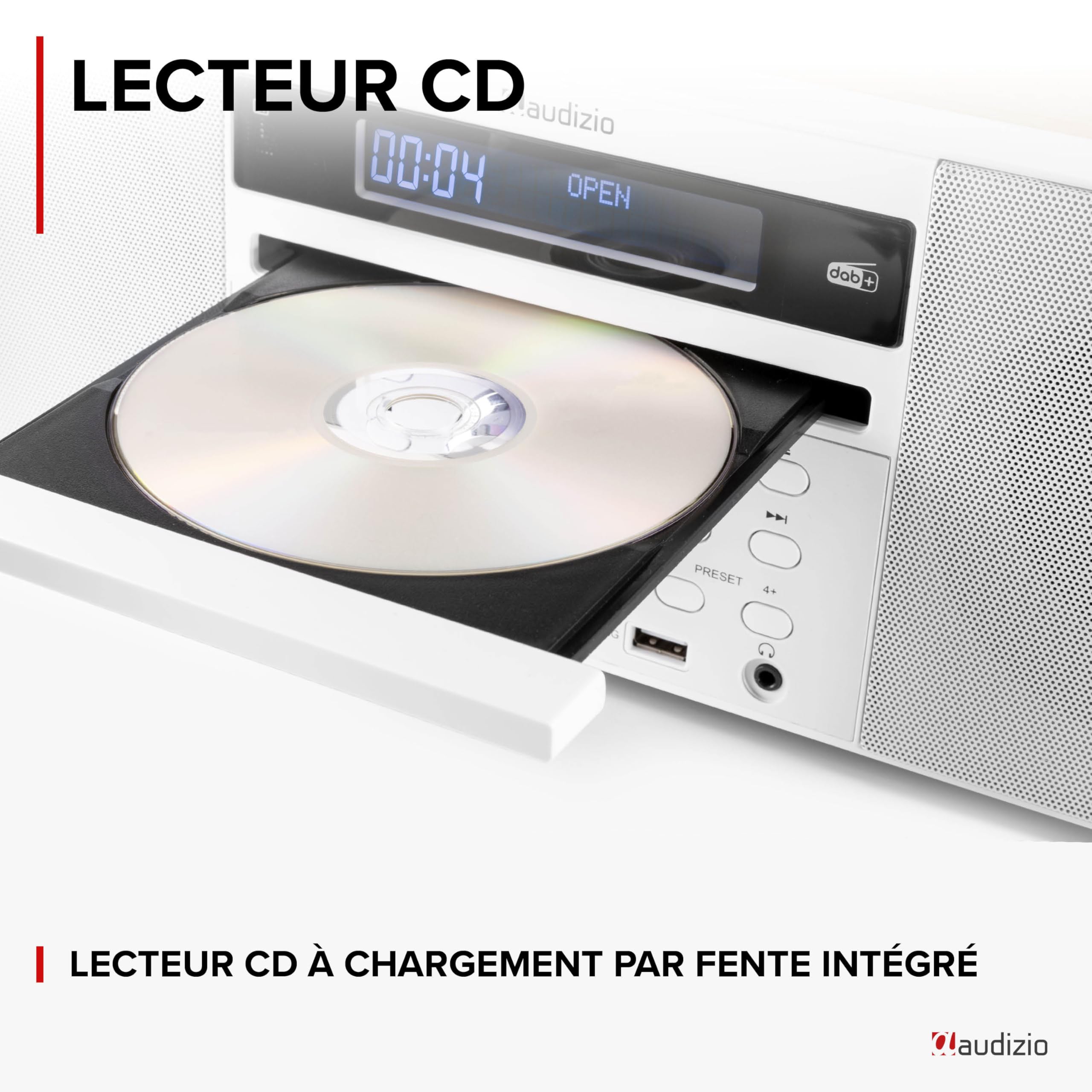 Audizio Prato Radio Dab+ et Lecteur CD avec Technologie sans Fil Bluetooth, Écran LCD, Fonction Horloge et Veille, 2X Port USB, Entrée AUX, Sortie Casque, Télécommande Incluse, Couleur Blanc