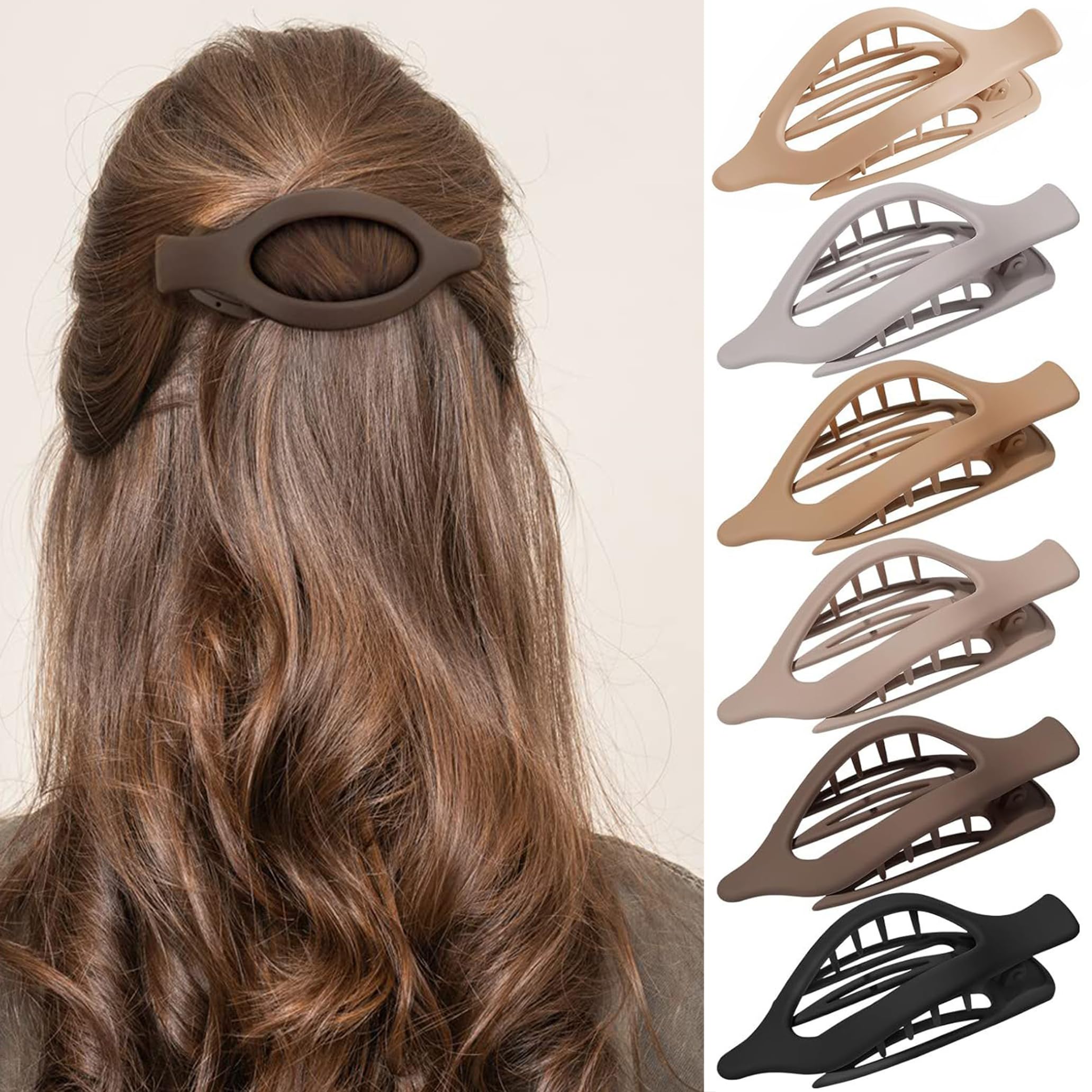 6 Pack Comfort Curve Flat Hair Clips -Ergonomic Lay Down Claw Clips with Smooth Grip, Matte Neutral Colours for All Hair Types