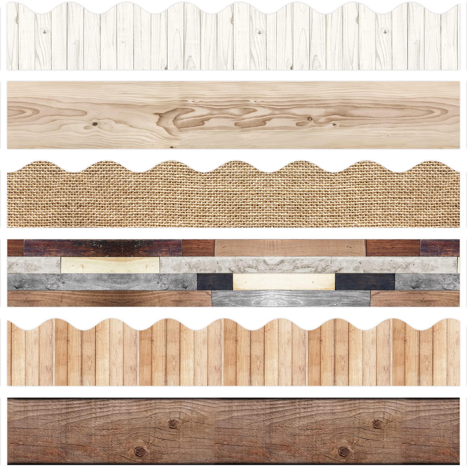 Whaline 104FT Wood Bulletin Board Borders 6 Design Farmhouse Rustic Wood Trimmer Stickers Self-Adhesive Wood Theme Bulletin Board Decoration for