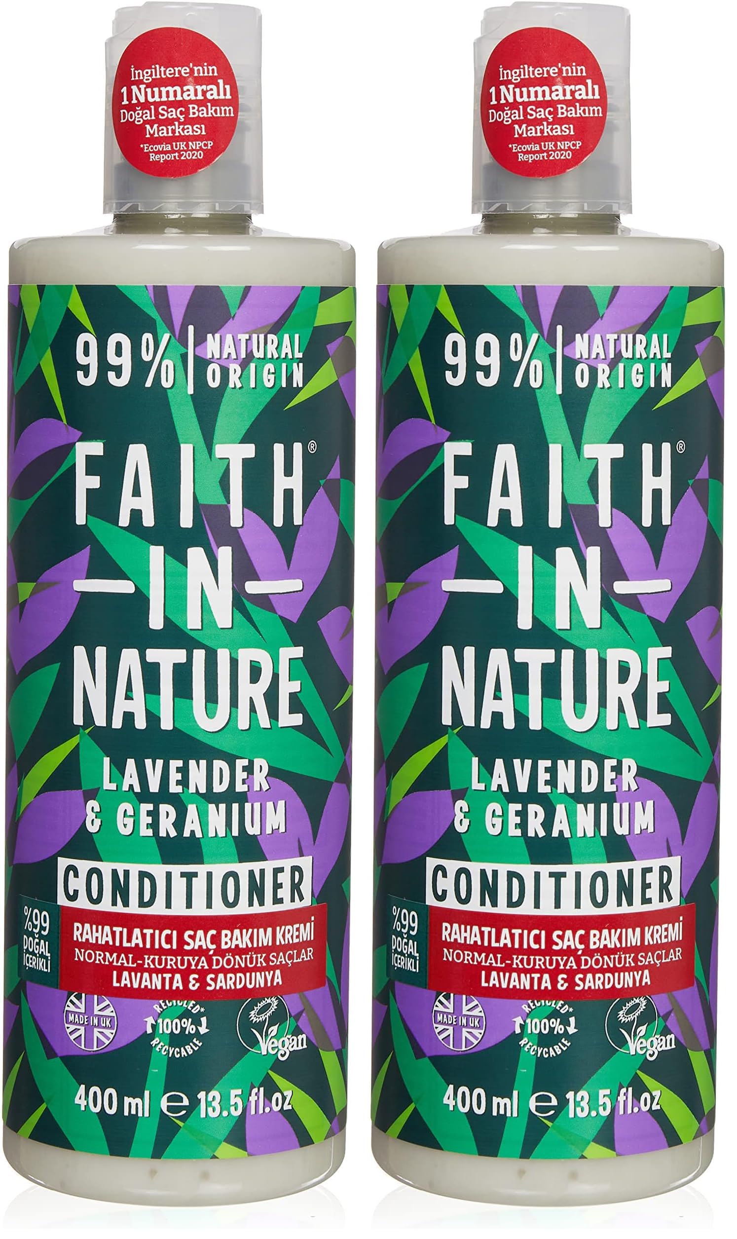 FAITH IN NATURE%99 Doğal Rahatlatıcı Saç Bakım Kremi Normal & Kuruya Dönük Saçlar İçin (Lavanta & Sardunya, 400 ml) (2 paketi)