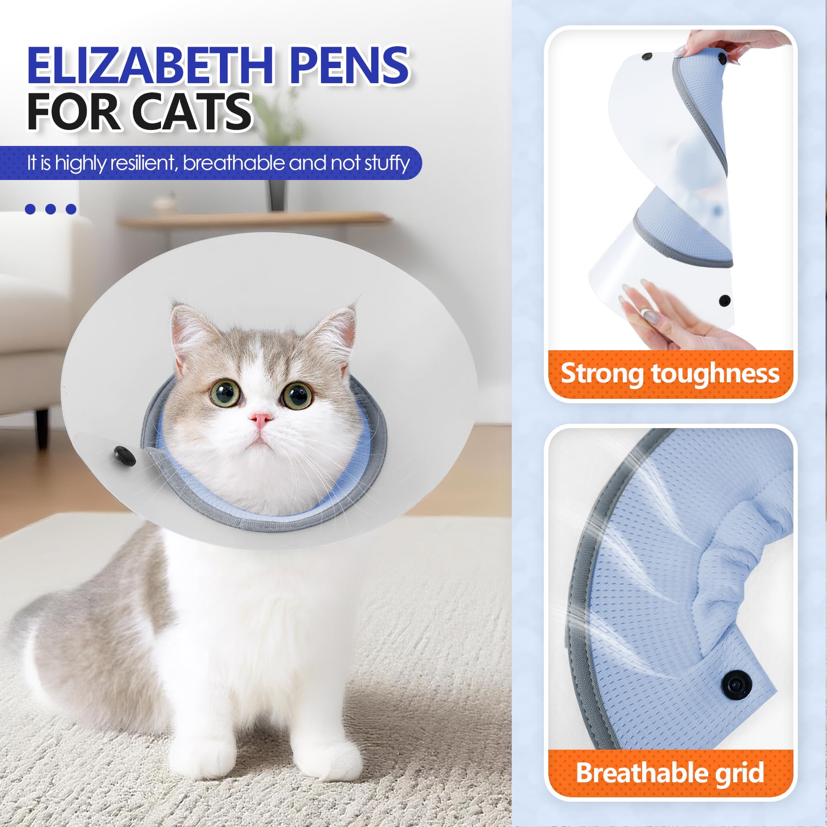 Katzenhalsband, verstellbar, abnehmbar, PVC, wasserdicht, elisabethanisches Halsband, weich, um Lecken nach Operationen zu stoppen, Haustier-Genesungskegel (Blau, M)
