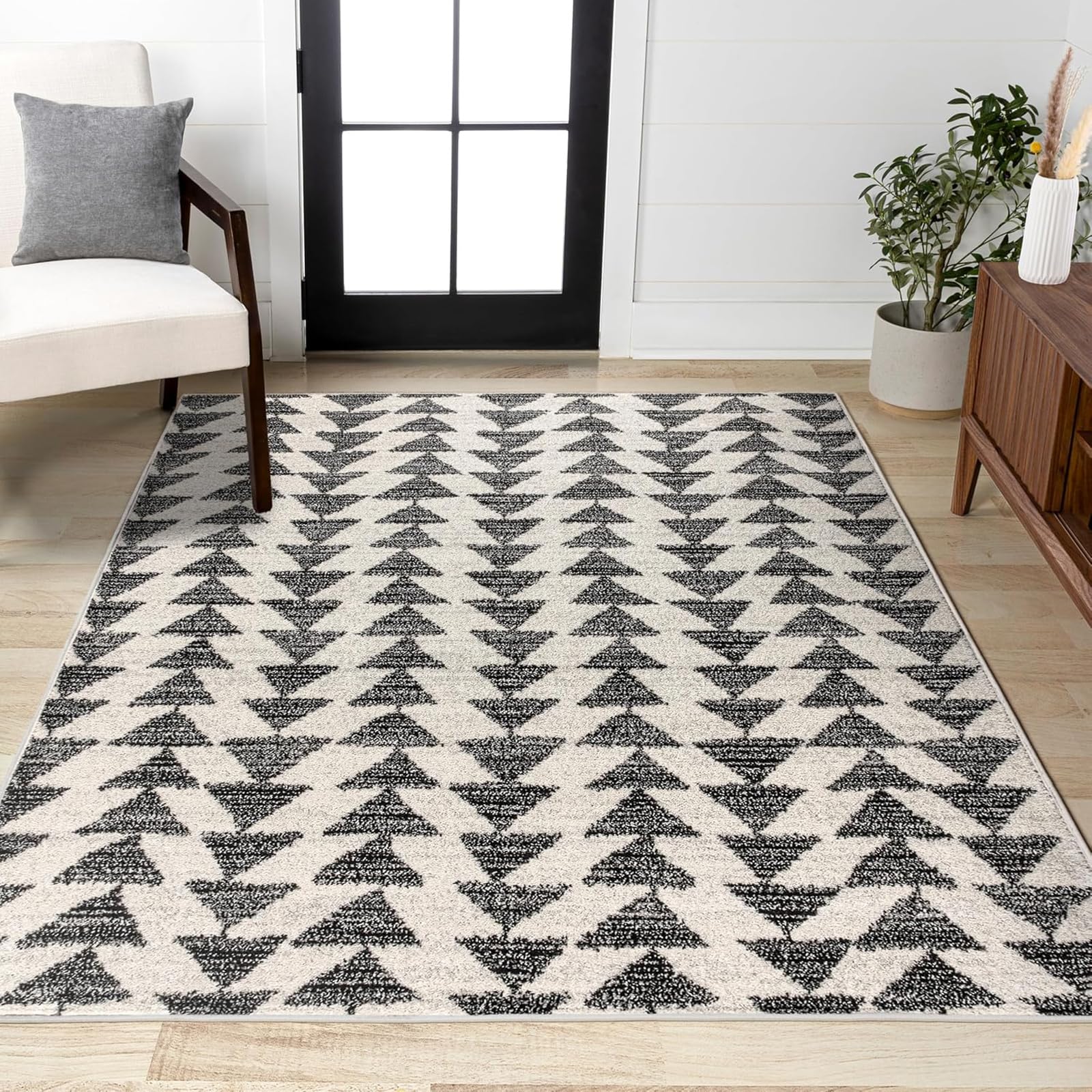 Tapis salon géométrique triangle crème noir gris 155x215cm