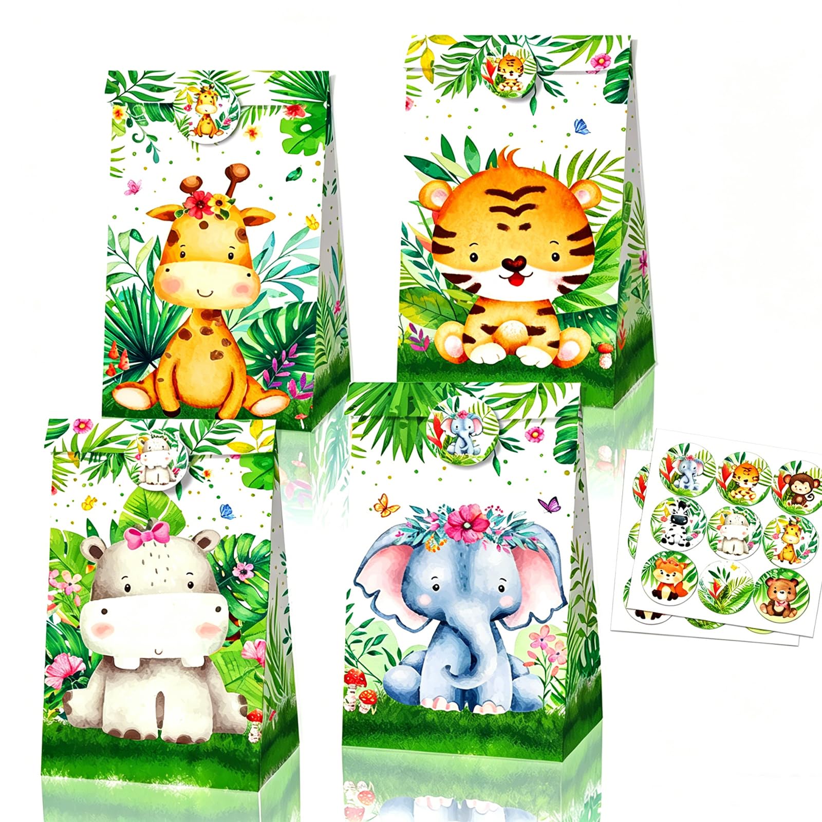 12Pcs Paper Party Bags for Kids Party, 22x12x8cm Safari Jungle Animals Small Gift Bag Candy Goodie Treat Bags with 18 Stickers for Boys Girls Birthday Zoo Animal Theme Parties Bag favours Presents