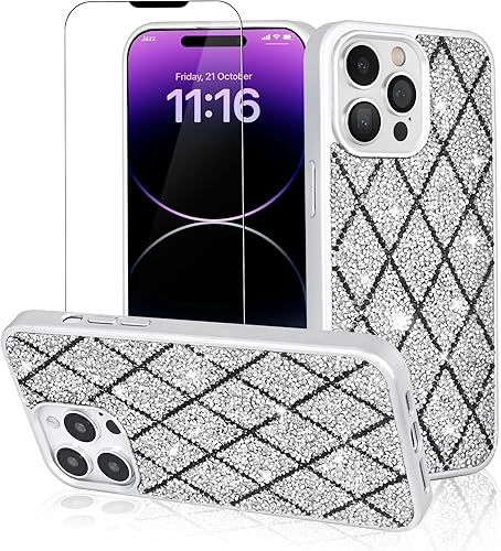 pawlug Funda para iPhone 15 Pro Max con purpurina brillante, protección contra caídas de grado militar con protector de pantalla para mujeres y
