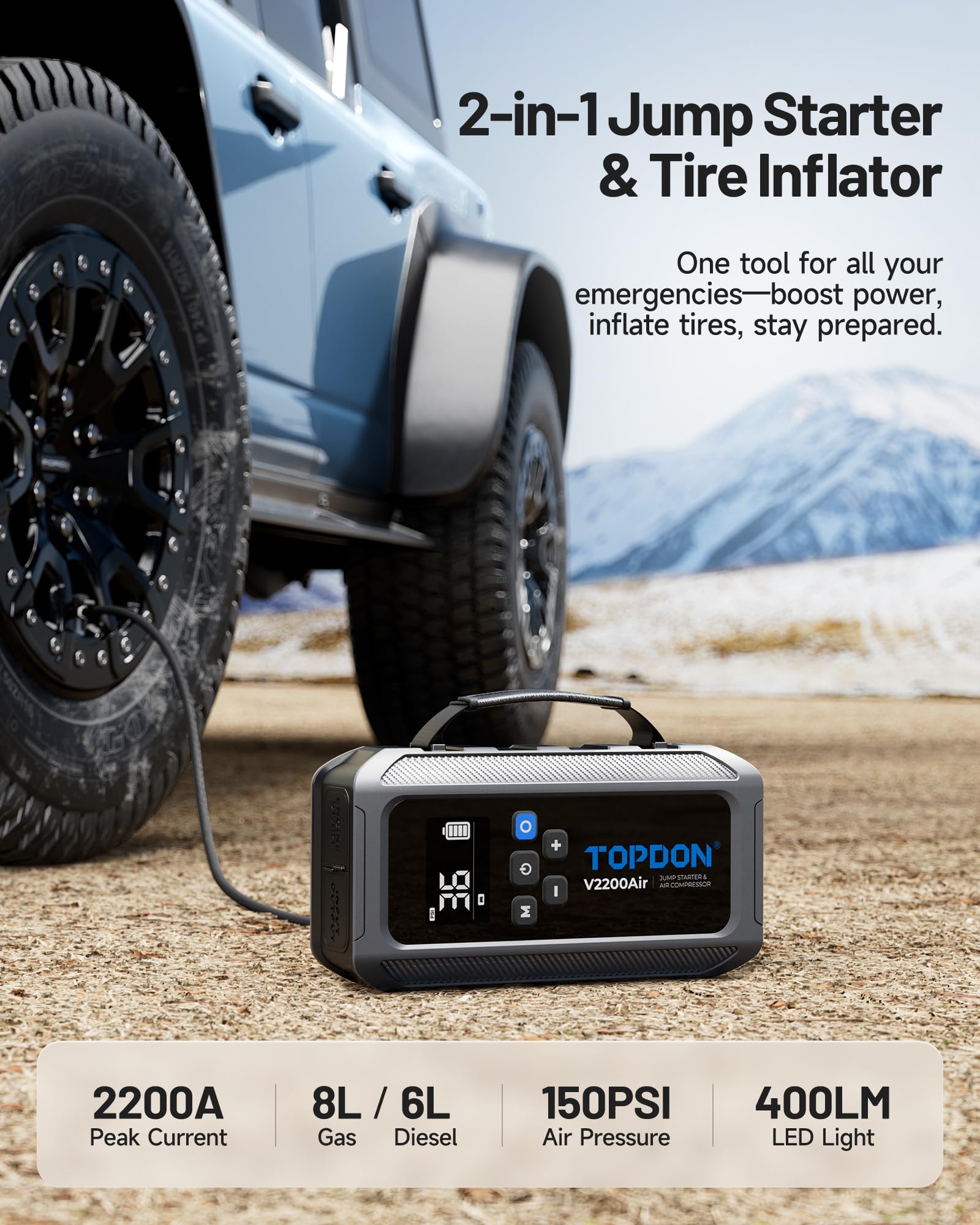 TOPDON V2200Air Power Bank di avviamento per auto con compressore d'aria da 150 PSI, motore diesel da 8 l e benzina da 6 l, avviatore automatico (avvio immediato in 2 secondi), compressore pneumatico
